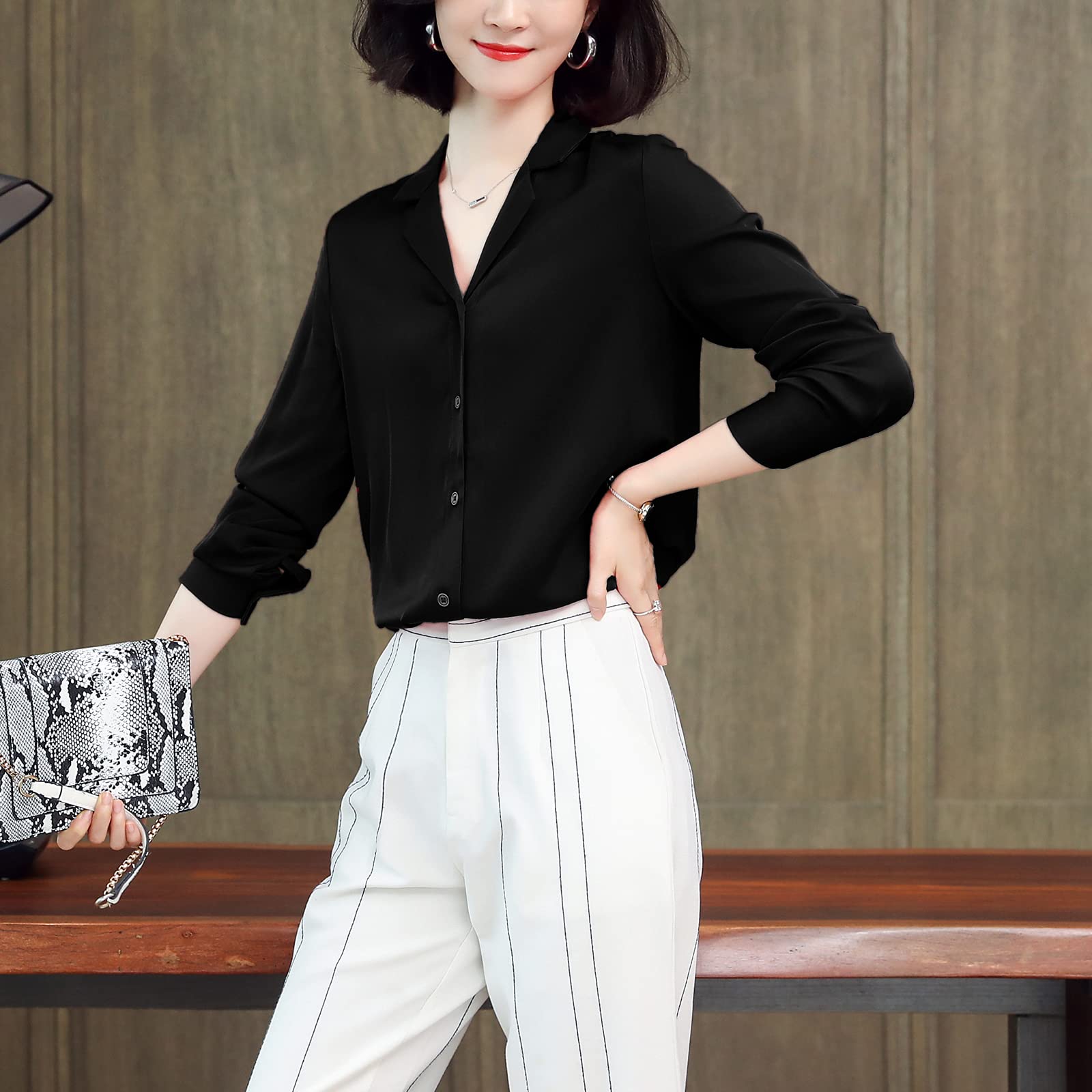 Valin Blusa de seda para mujer, camisa de seda sólida, con botones, blusa de manga larga con solapa, blusa de seda, S3371