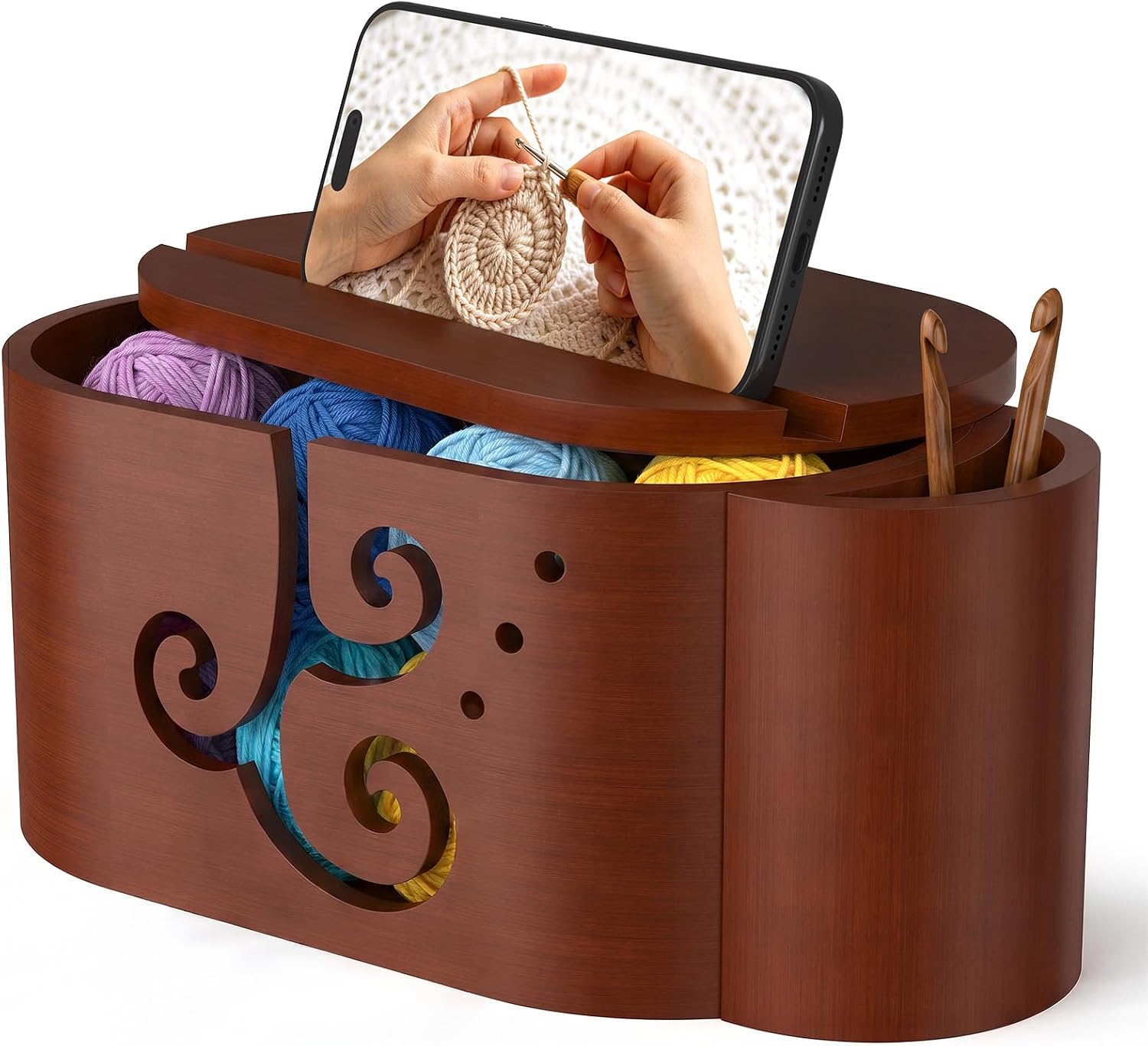 Wooden Yarn Bowl with Lid for Knitting & Crocheting