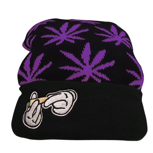 IZUS Marijuana Weed Cuff Beanie-Hat - Knit Winter Hat for Women Men - One Size - Purple