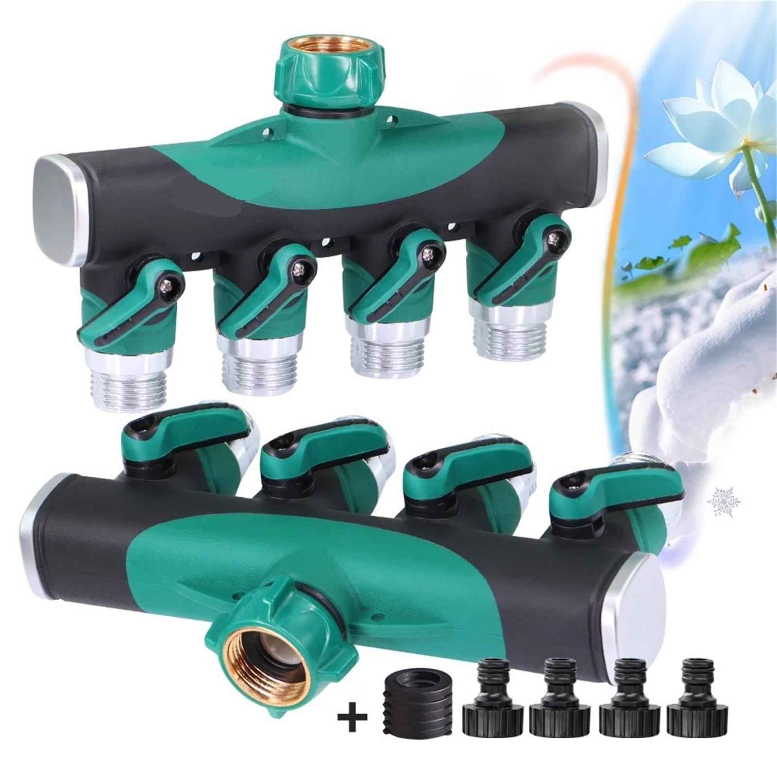 Divisores de Grifo Rosca 4 vías y 3/4 Pulgadas Metal Resistente con válvulas Cierre for Adaptador Manguera jardín Conectores Agua para JardíN(Green-BSP)