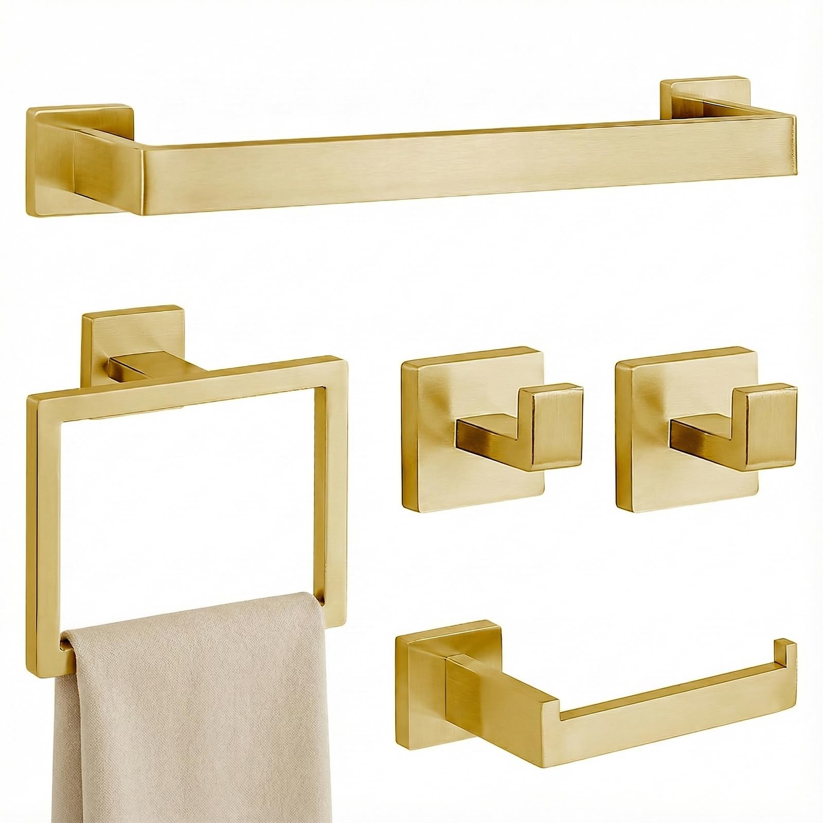 5-Piece Brushed Gold Bathroom Accessory Set, 16 Inch Bathroom Hardware Set, Towel Racks for Bathroom, SUS304 Stainless Steel Wall Mounted Bath Towel Bar Set