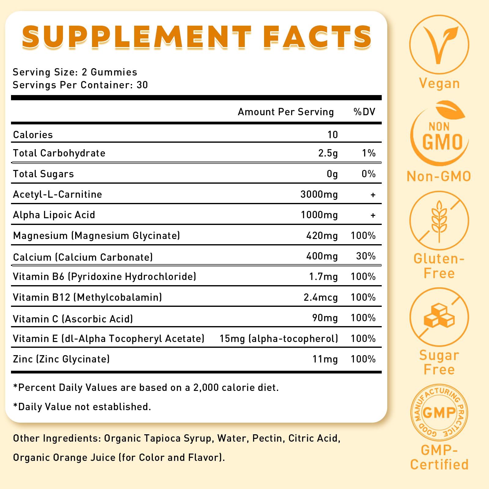 2 Pack Acetyl L-Carnitine Gummies for Energy & Brain Function Support – Vegan, Non-GMO, Orange Flavor, 120 Count (60-Day Supply) — Amazon image 2
