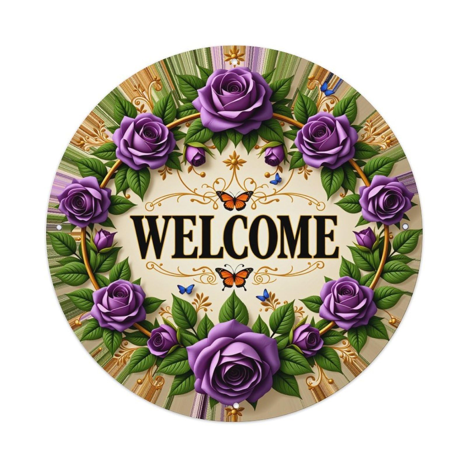 Floral Rose Wreath Welcome Design Round Tin Sign Retro Metal Sign for Cafe Bar Pub Home Game Room Gym Club Wall Decoration Vintage Metal Poster 8x8 Inch