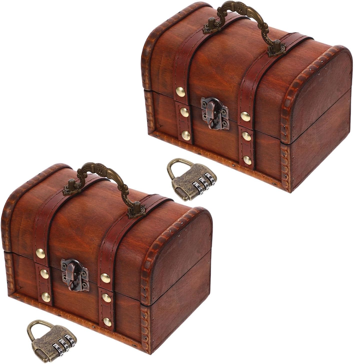 Vintage Wooden Jewelry Storage Box Set with Lock, 2pcs Brown