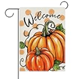 Dyrenson Welcome Fall Pumpkin Decorative Garden Flag, Autumn Thanksgiving Polka Dots Yard Outside Home Decoration, Seasonal Burlap Outdoor Small Decor Double Sided 12 x 18