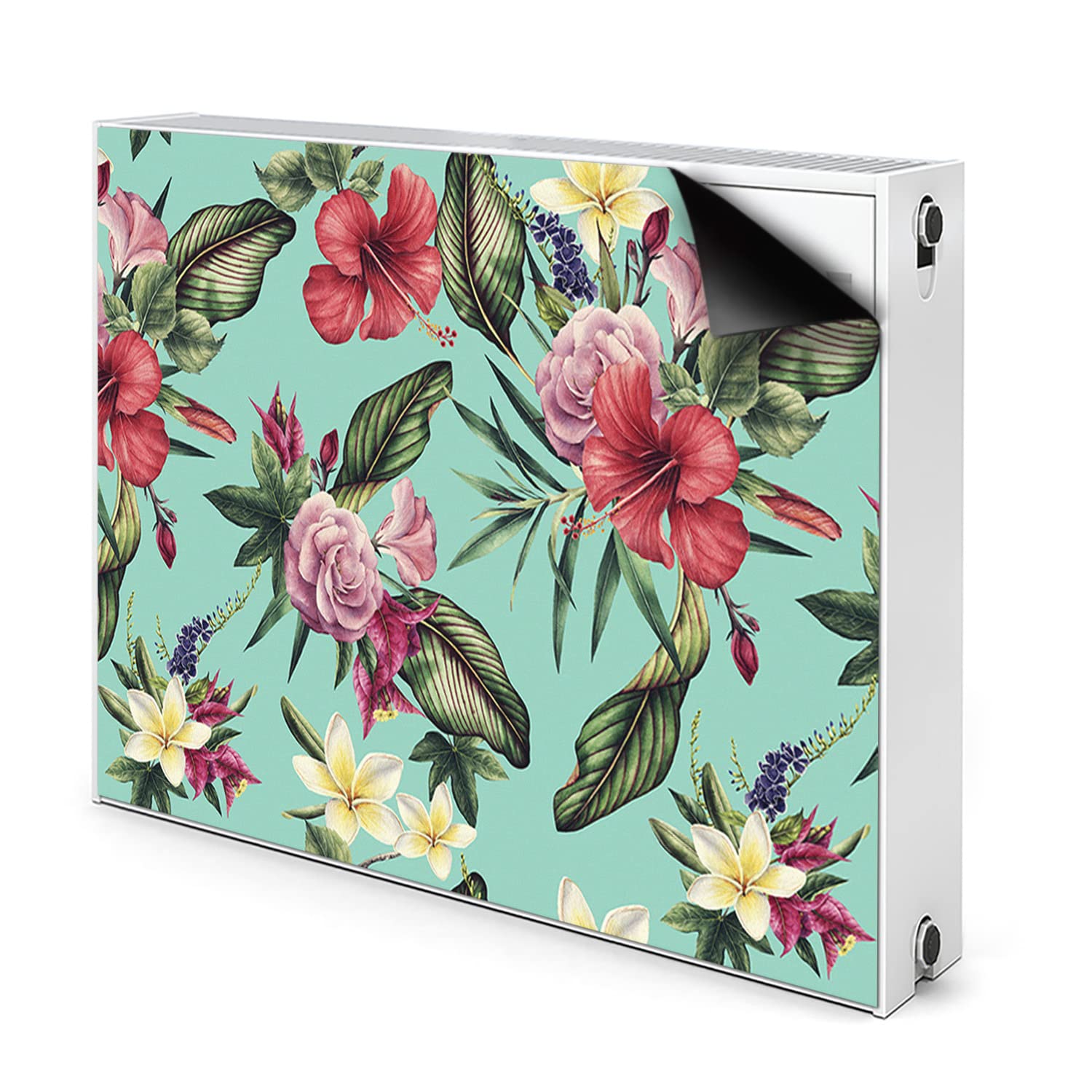Cache radiateur magnétique 90x60cm vert aux motifs de feuilles et fleurs champêtres