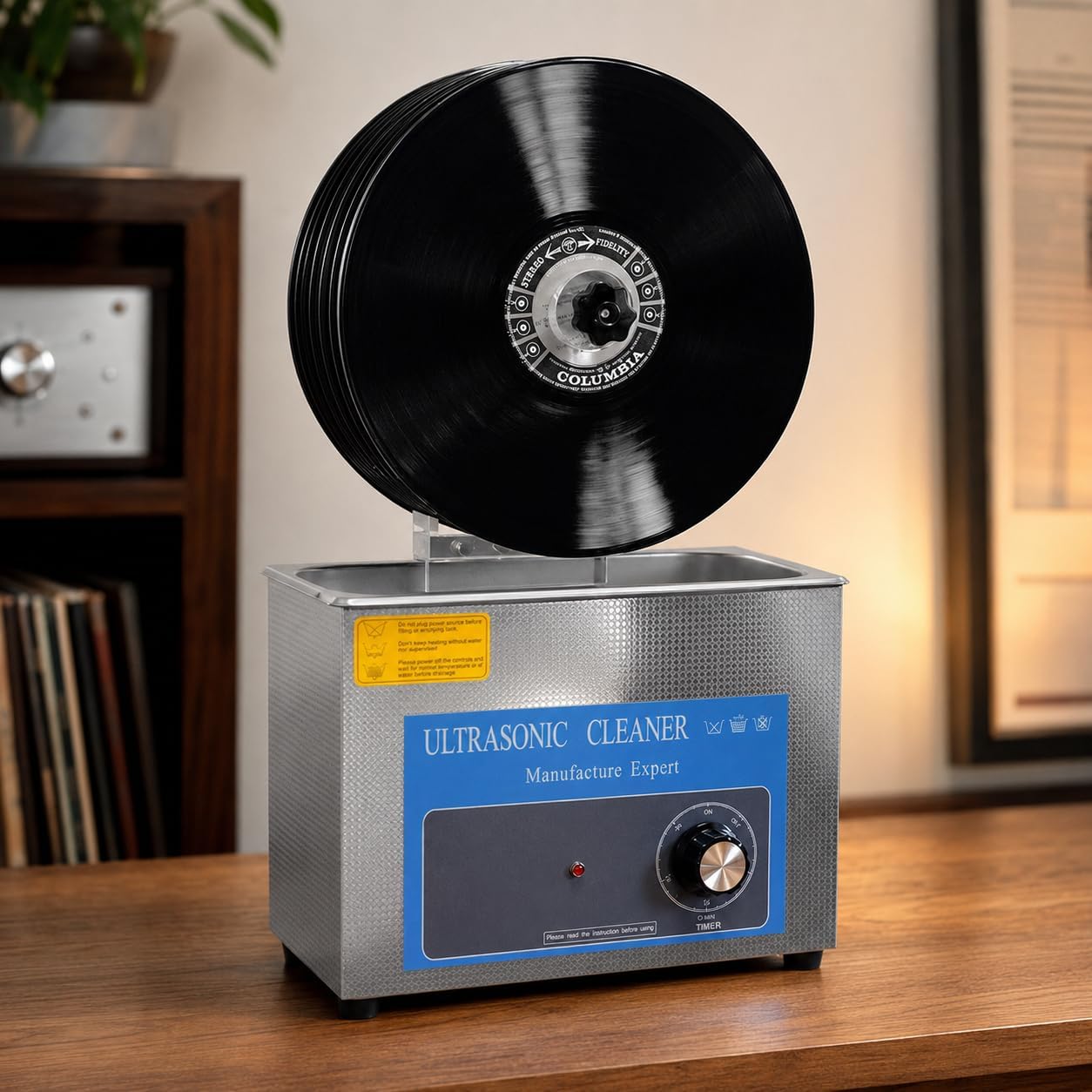 Máquina limpiadora ultrasónica de discos de vinilo, capacidad de 6 discos con temporizador de 0 a 20 minutos, cesta elevable y estante de secado