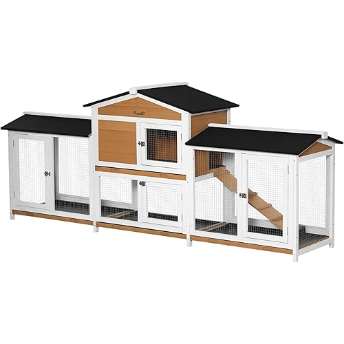 PawHut 90.5" Wooden Rabbit Hutch Bunny Cage Pet Playpen House Enclosure with Double Side Run Boxes, No Leak Tray, Ramp, for Rabbits, Chickens, Ducks, Guinea Pig and Small Animals, White