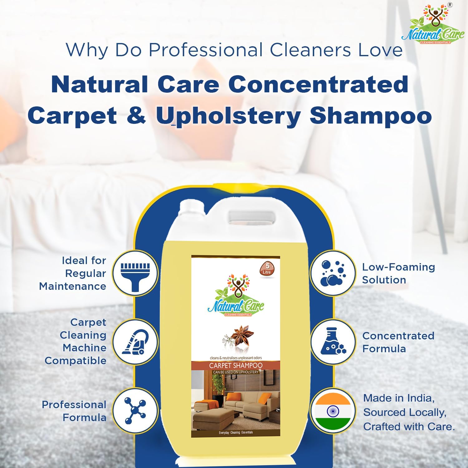Natural Care Carpet and Upholstery Cleaner Shampoo Concentrate| Sofa Fabric Couch Cleaning Liquid for Remove Dirt, Spots & Stains from Carpet Rug, Leather Sofa & Car Upholstery. 5 Litre - Image 4 thumbnail