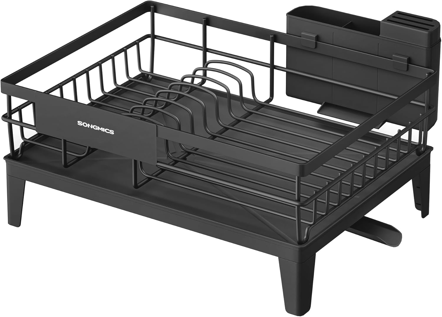 SONGMICS Abtropfgestell Geschirr, Geschirr-Abtropfständer, 360° drehbarer und ausziehbarer Ablauf, Abtropfschale, Besteckhalter, Küche, 31 x 42 x 18,5 cm, tintenschwarz KCS550B01