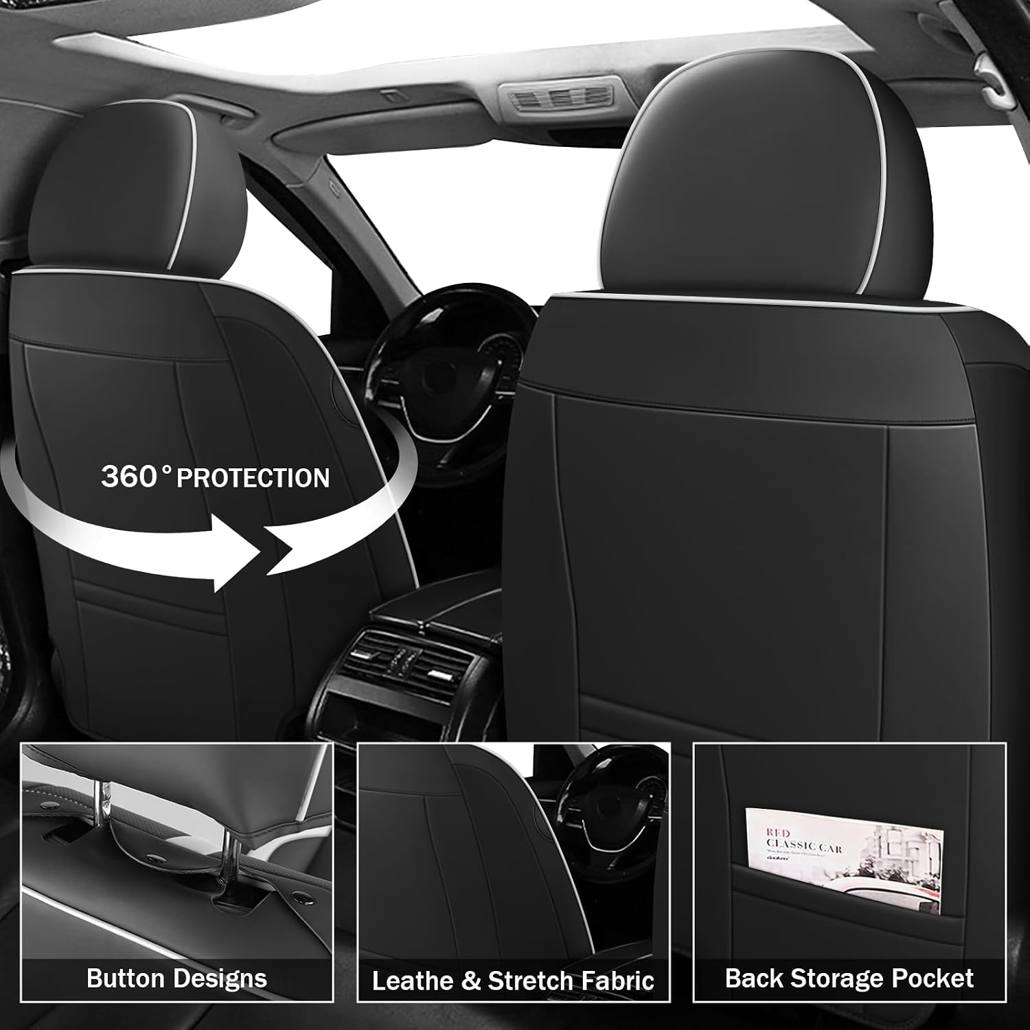Car Seat Covers Full Set for Subaru Crosstrek 2016-2026,Waterproof Faux Leather Seat Protector, Split Bench Compatible, Breathable Auto Accessories Universal Fit SUV Sedan(Black/White,5 Seat)