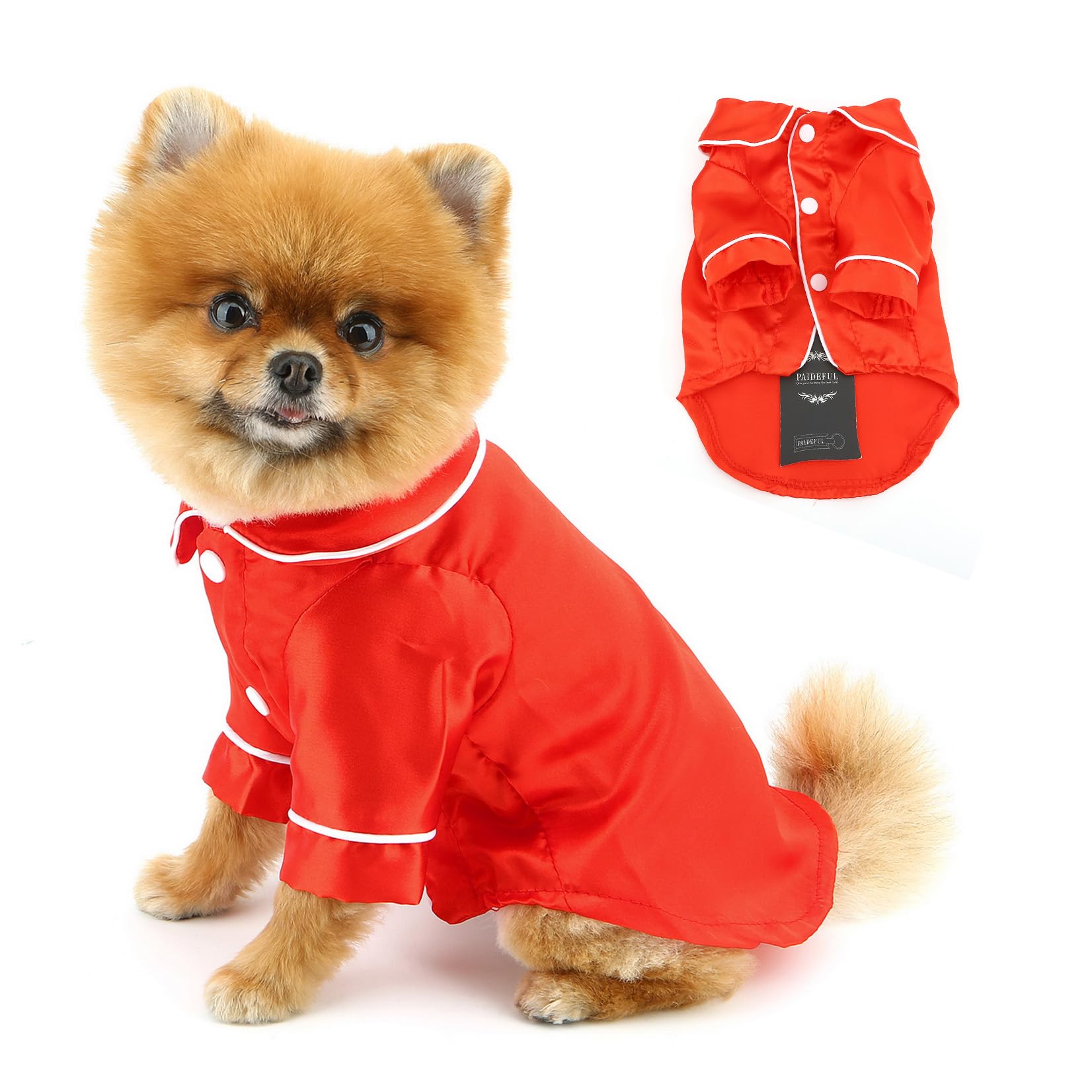 PAIDEFUL Soft Faux Silk Sleepwear for Small Dogs Cats Lapel Doggie Loungewear Lightweight Breathable Puppy Pajamas PJS Two-Legged Pet Shirt Clothes Summer Spring Chihuahua Apparel Button Up,Red,XL