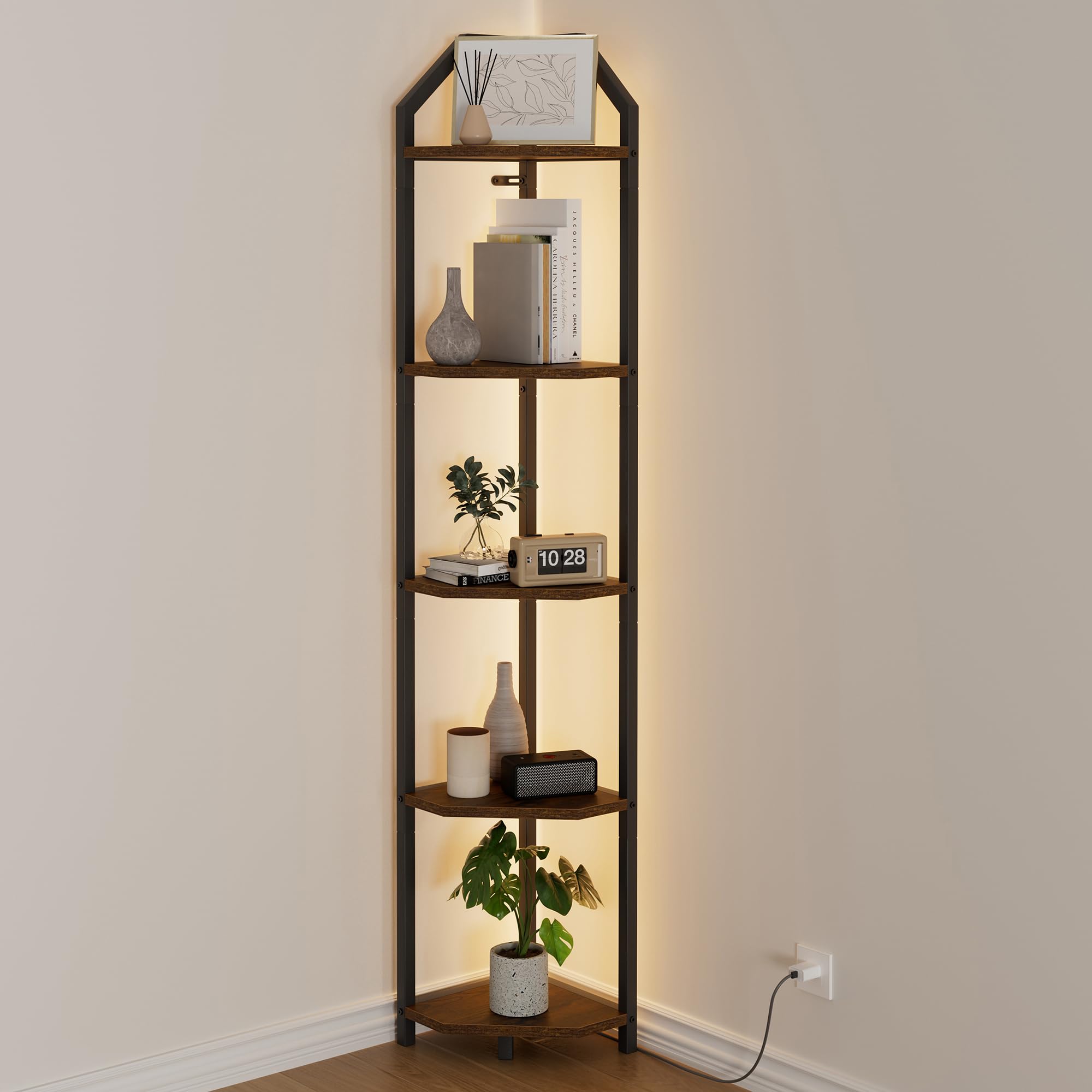 Photo 1 of Realgulf 70 Inch Corner Shelf with LED Lights, 5-Tier Corner Bookshelf for Small Spaces, Wood & Metal Storage Rack for Bedroom, Living Room, Office - Modern Space Saving Design- White