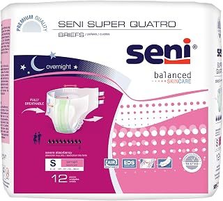Seni Super Quatro Unisex Adult Incontinence Briefs with, 22-31 in, 12 ct | Disposable Overnight Briefs for Men & Women