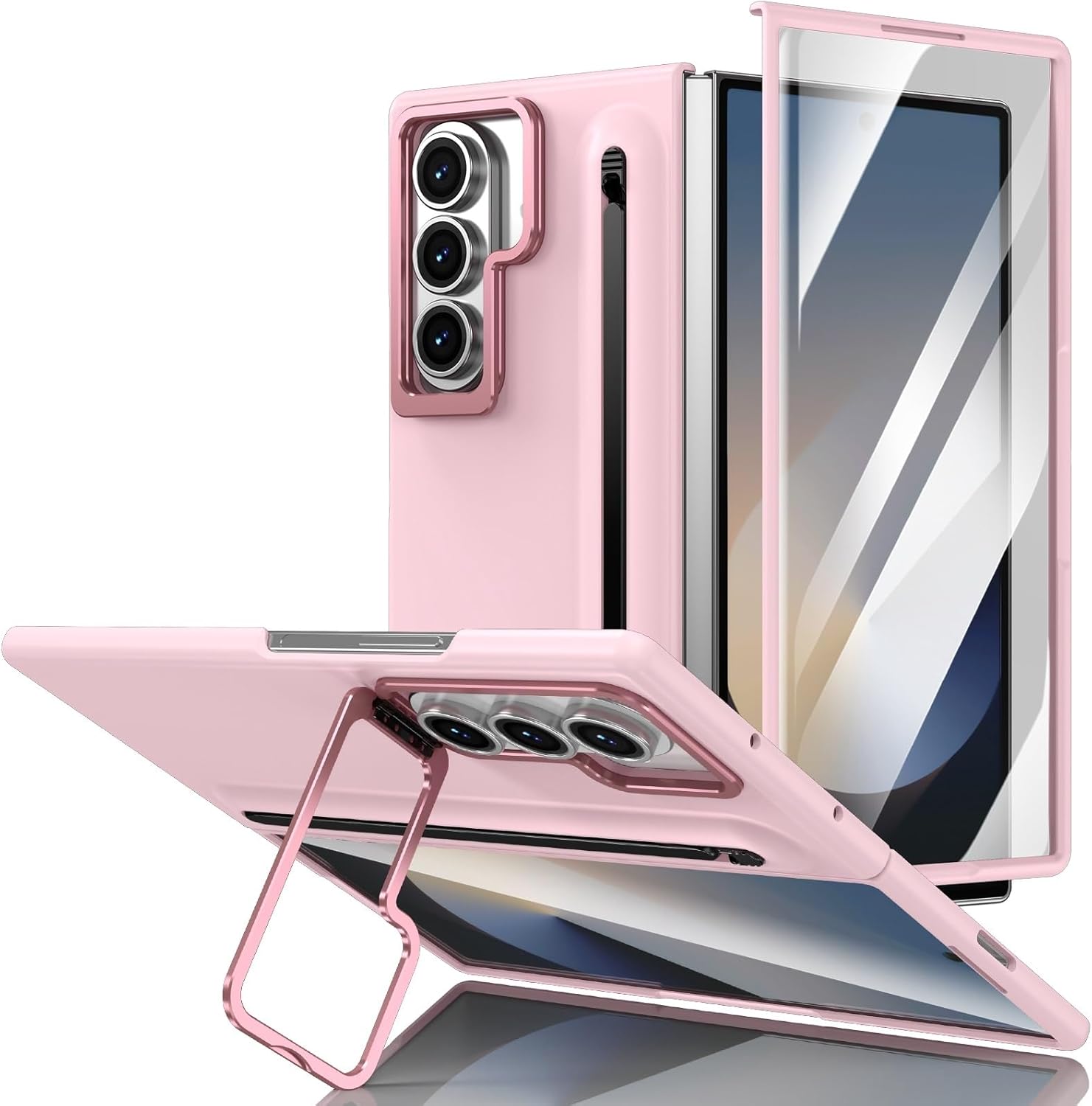 Smartphone Flip Cover Camera Stand Compatible with Samsung Galaxy Z Fold 7 Case with Built-in New Compact S Pen Slot, Case with Screen Protector Folding Series Protective Cover W/Regular Stylus(Pink)