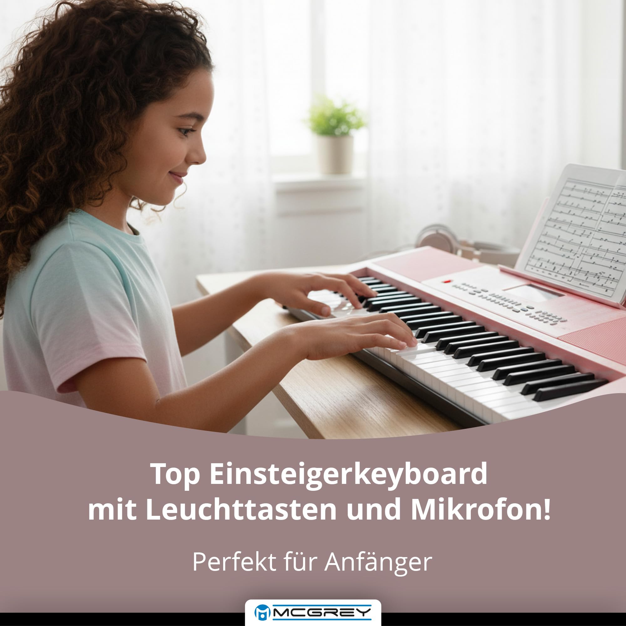 McGrey LK-6120-MIC Keyboard Set - Einsteiger-Keyboard mit 61 Leuchttasten - 255 Sounds und 255 Rhythmen - 50 Demo Songs - Inklusive Mikrofon - Spar-Set inkl. X-Keyboardständer und Kopfhörer - Pink