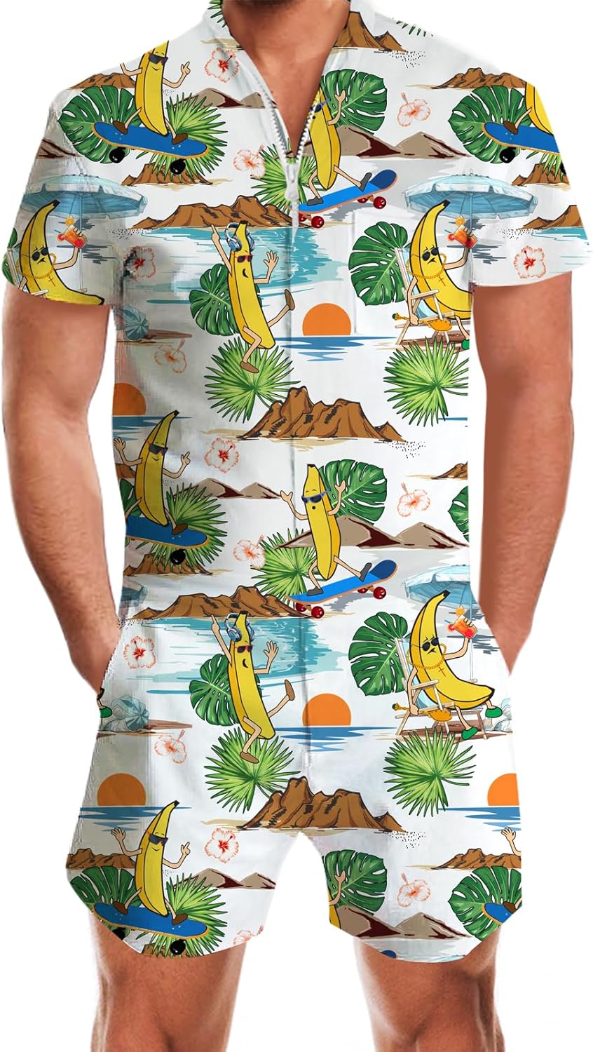 RAISEVERN Men's Rompers Male Zipper Jumpsuit Shorts One Piece Romper Bro Short Sleeve Shirt Outfits Hawaiian 01 X-Large