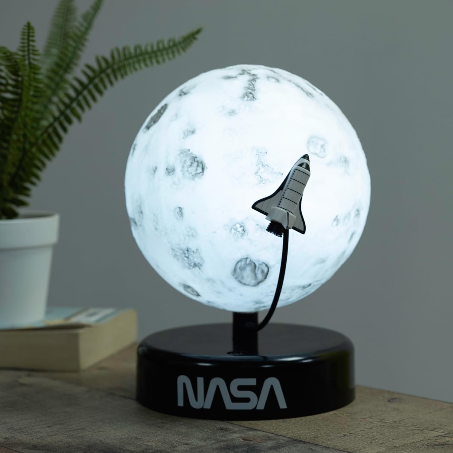 Fizz Creations NASA Inspired Moon Mood Light. Features a Realistic Cratered Effect and a Gentle Orbiting Rocket. Battery Powered. Portable. NASA Inspired Space Merchandise from