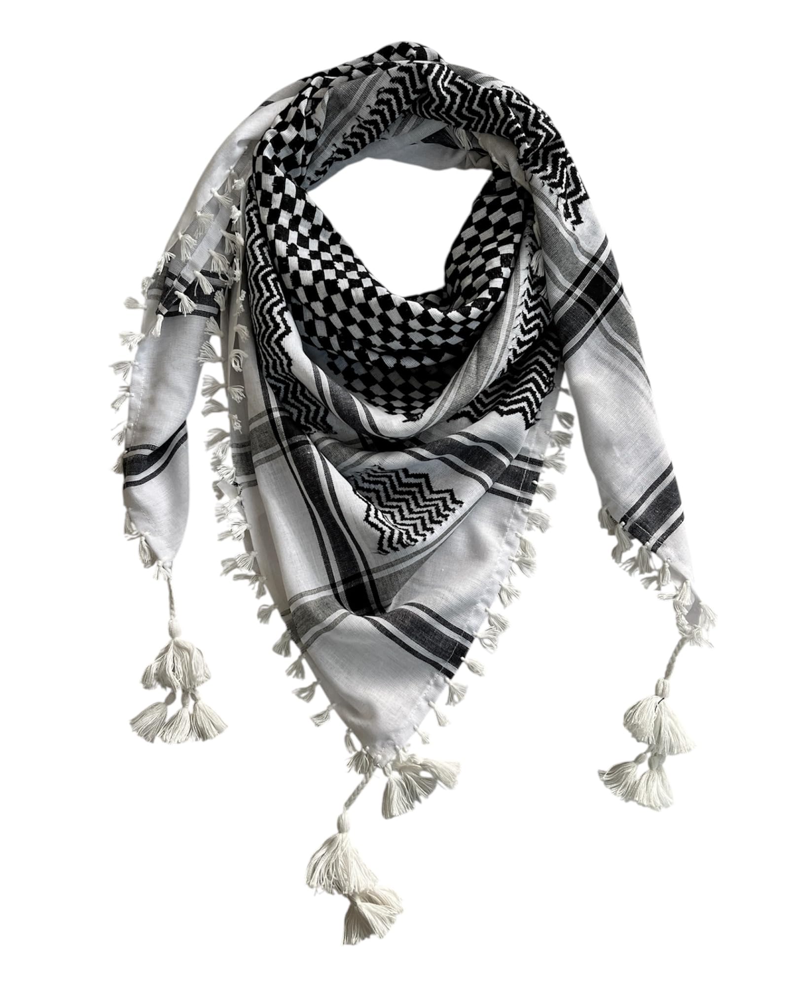 Premium Black & White Keffiyeh Shemagh Scarf for Men & Women | 48x48 Inch Large Palestinian Style Cotton Blend Tactical Desert Scarf with Tassels | Arabic Arafat Head Wrap for Outdoor & Fashion-picture-15