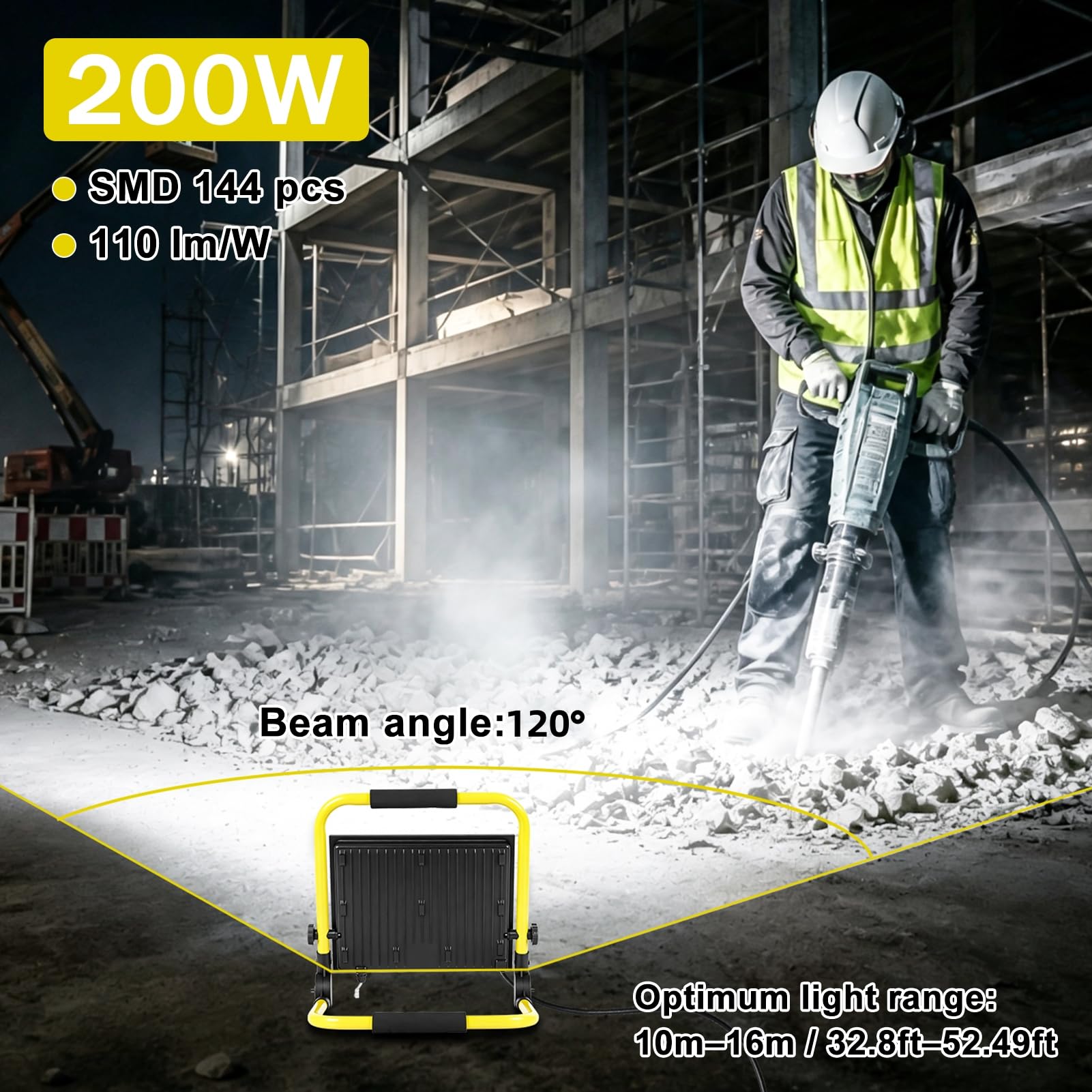 papasbox 200W LED Baustrahler mit Stecker Schalter Baustellenlampe 6500K Kaltweiß Baustellenstrahler | IP65 Wasserdicht Arbeitsleuchte mit Fernbedienung Baulampe für Werkstatt Baustelle