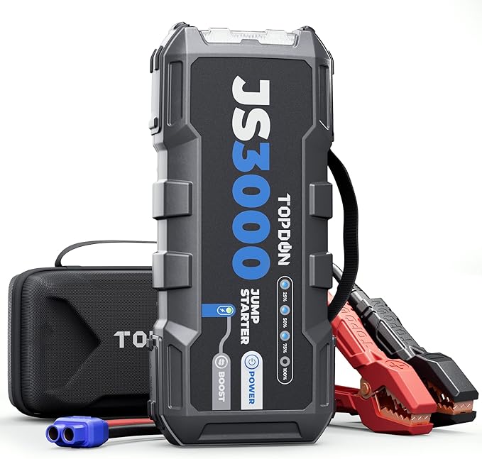 Review of Car Battery Jump Starter, TOPDON JS3000 12V 3000A Battery Booster Jump Starter Pack for Up to 9L Gas/ 7L Diesel Engines, Portable Car Charger with Handle Jumper Cable and EVA Protection Case