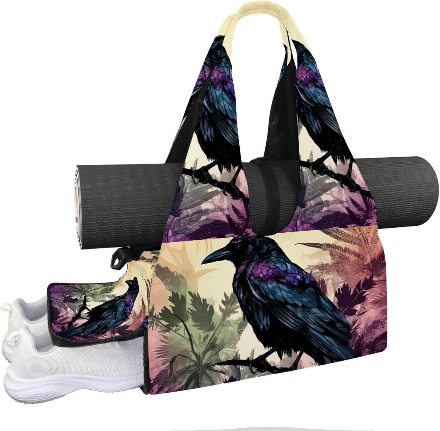 Gym Bag for Women, Crow Autumn Tree Yoga Mat Bag with Shoe Compartment, Sport Yoga Gym Bag with Yoga Strap, Carryall Yoga Tote Bag