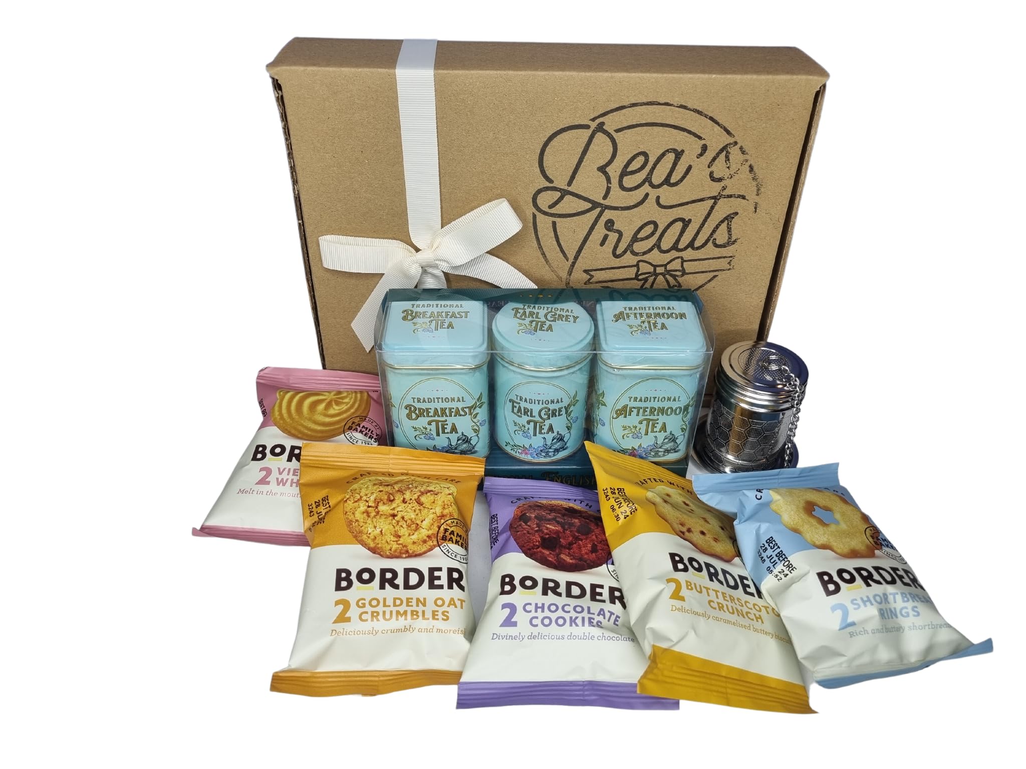 Traditional English Tea and Biscuits Hamper Bundled With New English Teas Vintage Victorian Tin Loose Leaf Gift Set, Boarder Biscuits and a Bea's Treats Tea Infuser