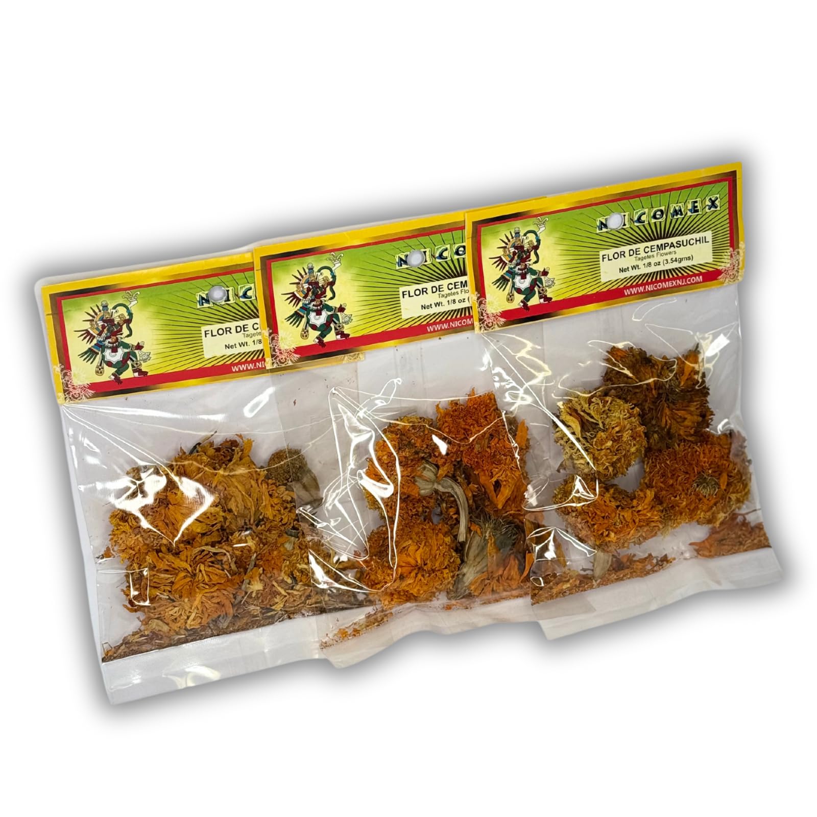 Nicomex - Flor de cempasúchil - Dried Marigold Flowers - 100% natural. Herbal Tea ⅛ oz each bag (3.54gr), pack of 3 bags.
