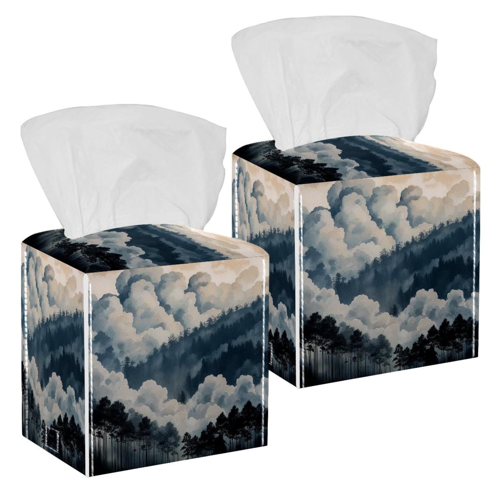 Cloud Pine Forest Tissue Box Cover, 2 Pack PU Leather Square Facial Tissue Dispenser Box holder for Home Office Car