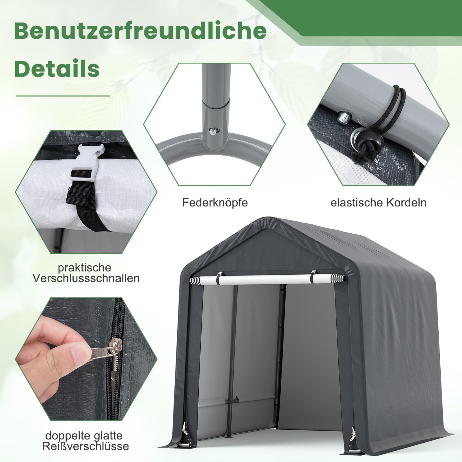 GOPLUS Garagenzelt, 240x195x214cm Carport wetterfest mit aufrollbarer Reißverschlusstür, Metallrahmen & 4 Erdspieße, Lagerzelt Zeltgarage für Fahrräder Gartengeräte Motorräder, Garten Terrasse