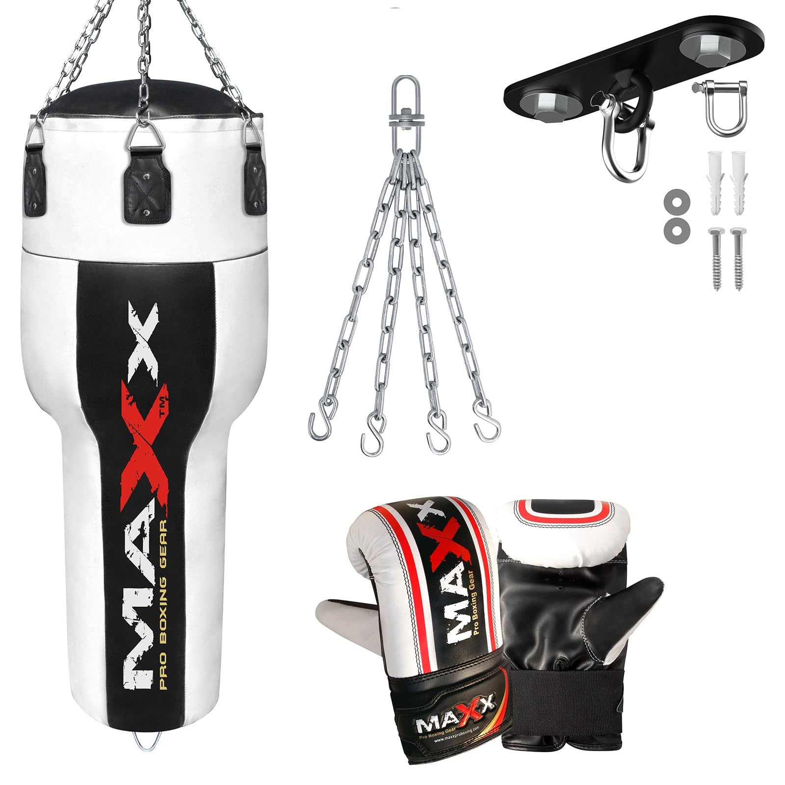 Maxx BLACK WHITE uppercut punch bag, body bag angled boxing bag Set heavy filled bag 4FT punching bag (BAG WITH CEILING HOOK & MITTS)