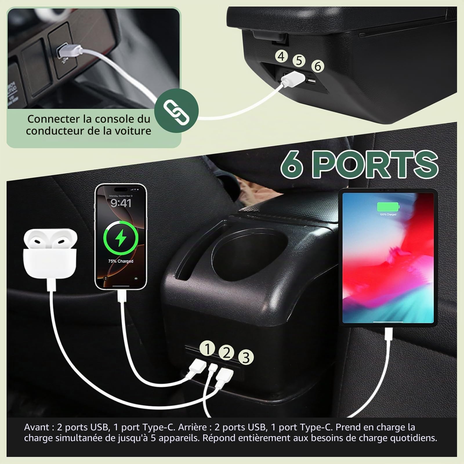 ZENVI Repose-bras Compatible with Fiat 500 Accoudoirs 2016-2024 Console Centrale Accoudoir Bicouche Espace Rangement Peut Etre Utilise Comme Coudiere Pour Conducteur（Style fibre carbone）