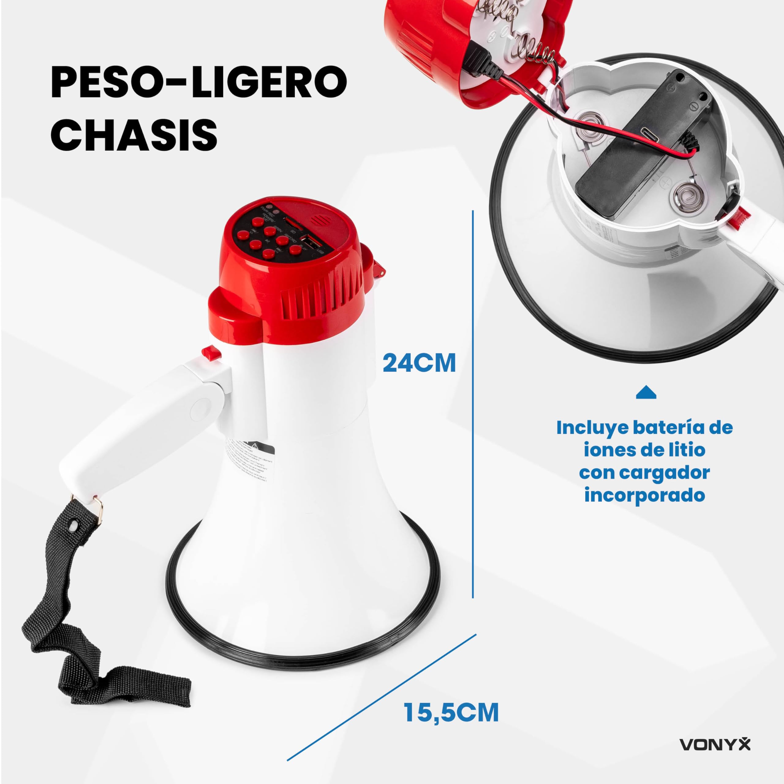 Vonyx MEG025 Megáfono Portátil con Bluetooth de 25W, 800m de Alcance, entradas USB/MicroSD, Sirena, Función de grabación, Megáfono de Mano con Batería Recargable para Eventos en Interior/Exterior