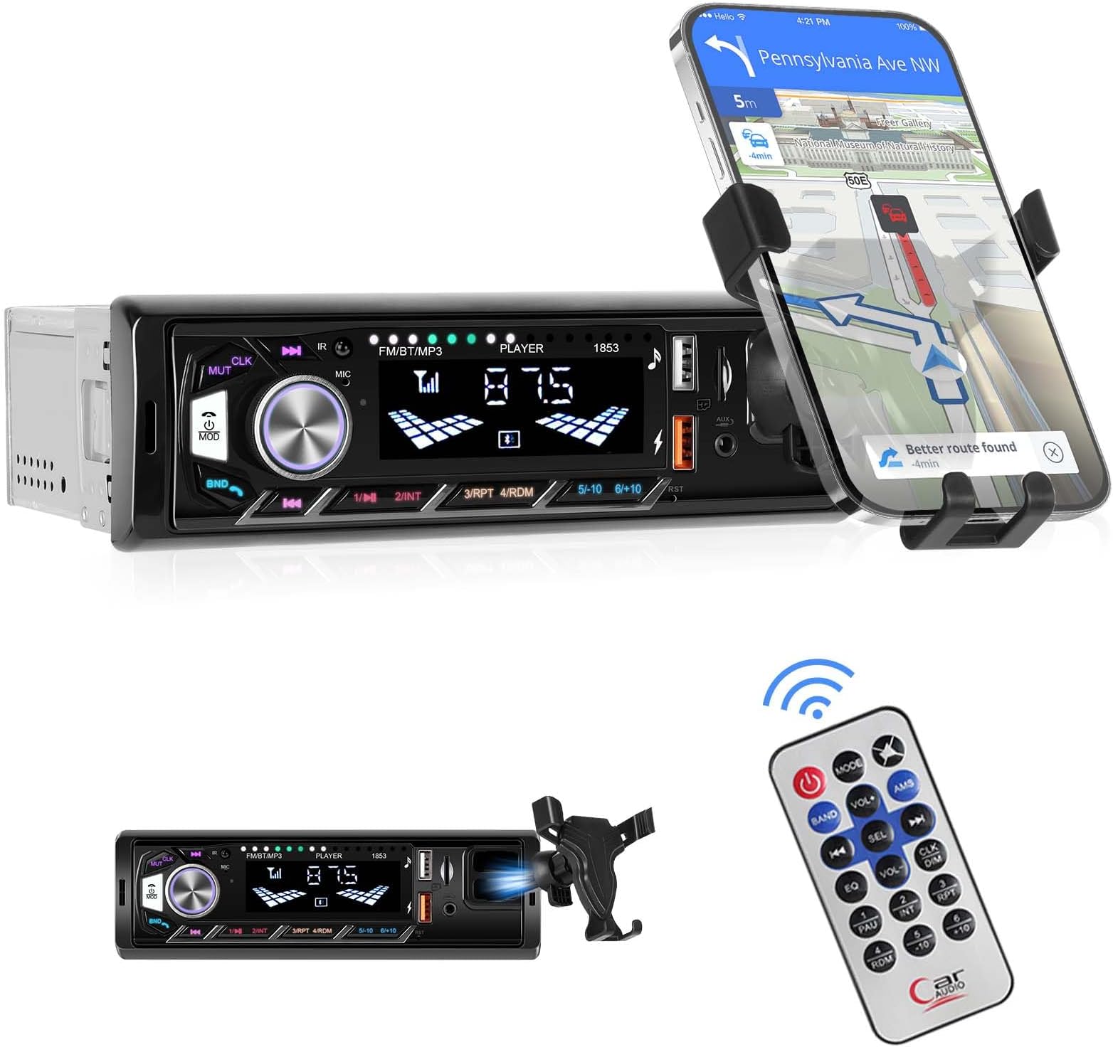 Single Din Car Stereo with Mobile phone holder Bluetooth 5.0 Hands Free Calling FM Car Radio Car Mp3 Player USB AUX Port Remote Control 7 Color Light Car Audio System Car Stereo Receiver