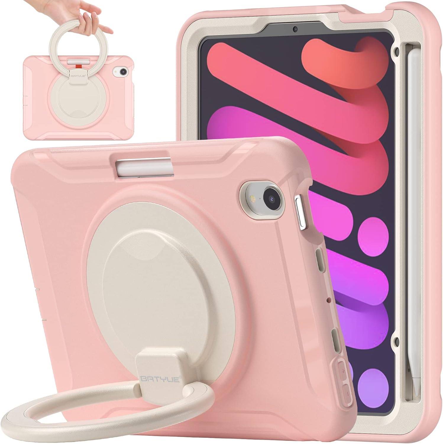 BATYUE iPad Mini 6 Case 8.3 inch 2021; iPad Mini 6th Generation Case with Charging Pencil Holder/ 360° Swivel Stand/ Handle Grip, Shockproof Protective Rugged Case for 2021 iPad Mini 6 -- Cheery Pink