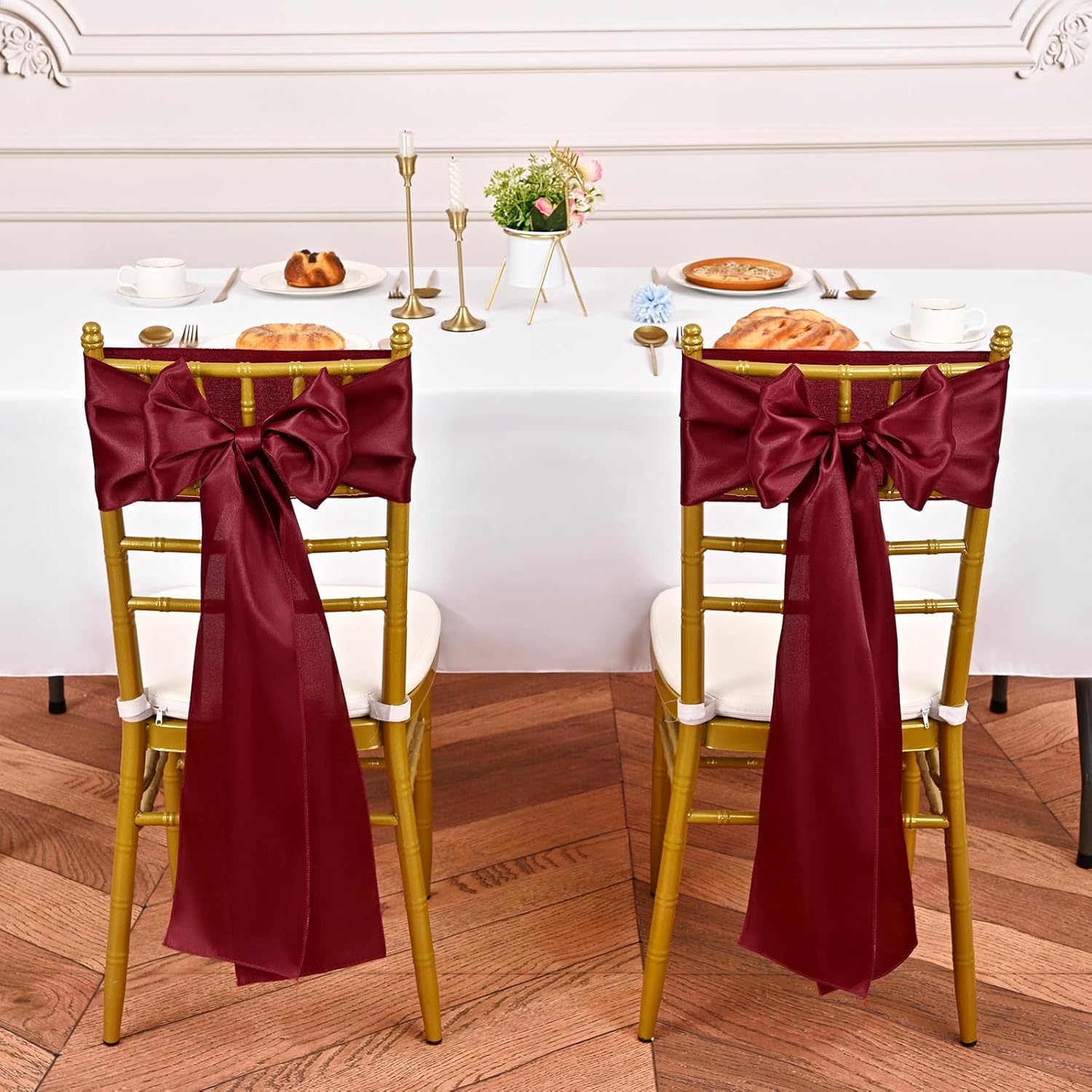 YMHPRIDE 60 PCS Burgundy Satin Chair Sashes,Ties Chair Bows Designed Chair Sashes Chair Cover for Wedding Party Baby Shower Banquet Folding Chairs Decoration(Burgundy,7x108 inch)
