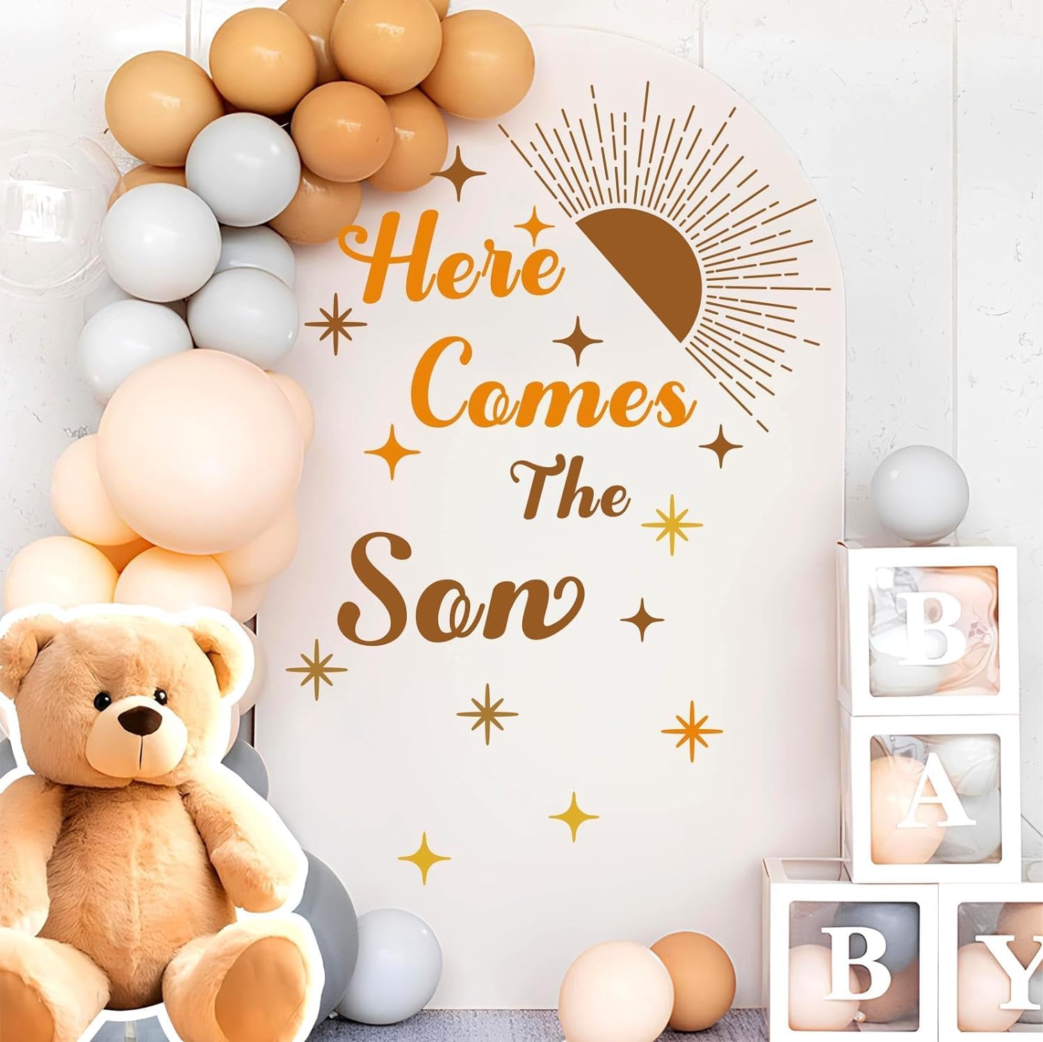 MOSITU Baby Shower Decals 19 Pcs Here Comes the Son Stickers for Boy Gender Reveal Party Backdrop Balloon Arch Decor Welcome Baby Boy Supplies - Image 2