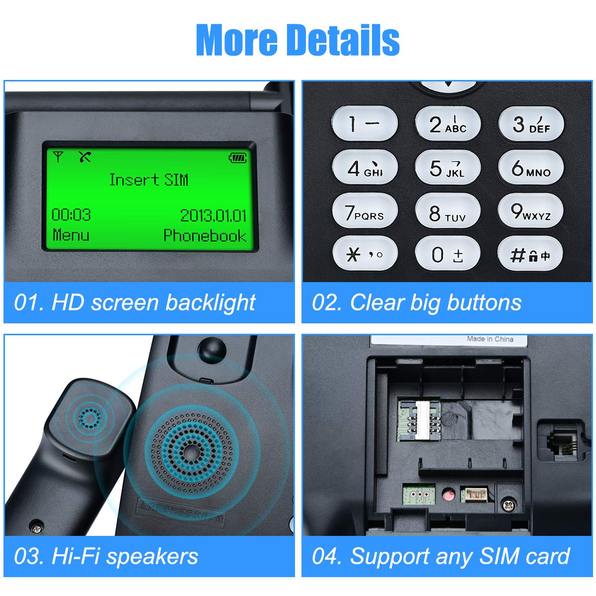 Lychee Tarjeta SIM Cuatribanda gsm Teléfono Fijo Pare tu Oficina o Familia,Multifuncional(Identificación de Llamadas, Manos Libres,Pantalla retroiluminada,Radio, Despertador)
