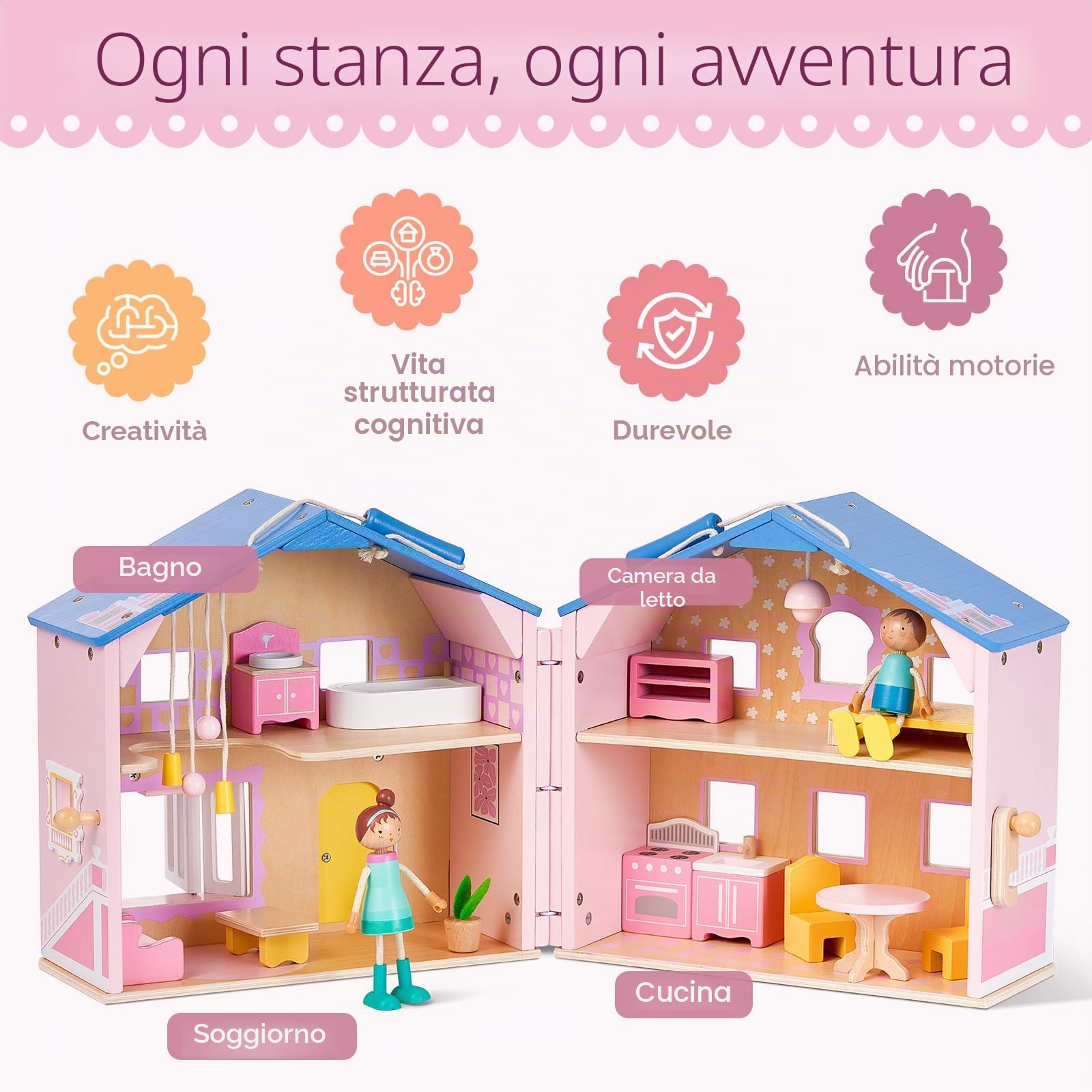 Giant bean - Squisita casa delle bambole in legno rosa per ragazze, con bambole e accessori per mobili, pieghevole e portatile, ideale per bambini dai 3 anni