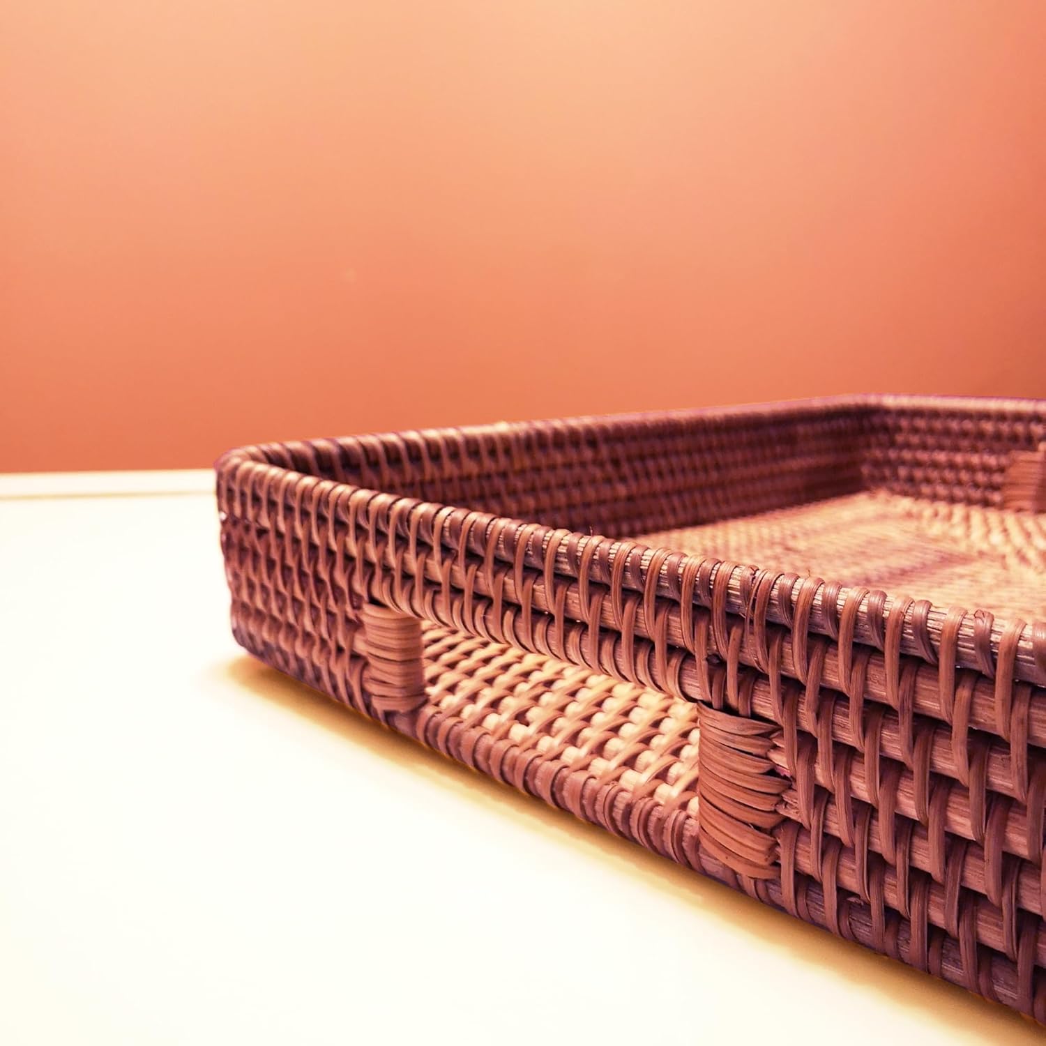 i-lan 17 Inch Oversize Handwoven Dark Brown Rattan Rectangular Serving Tray with Cutout Handles, 2.3” High Wall Decorative Woven Rattan Storage Baskets Organizer Platter for Bread, Fruits - Image 3