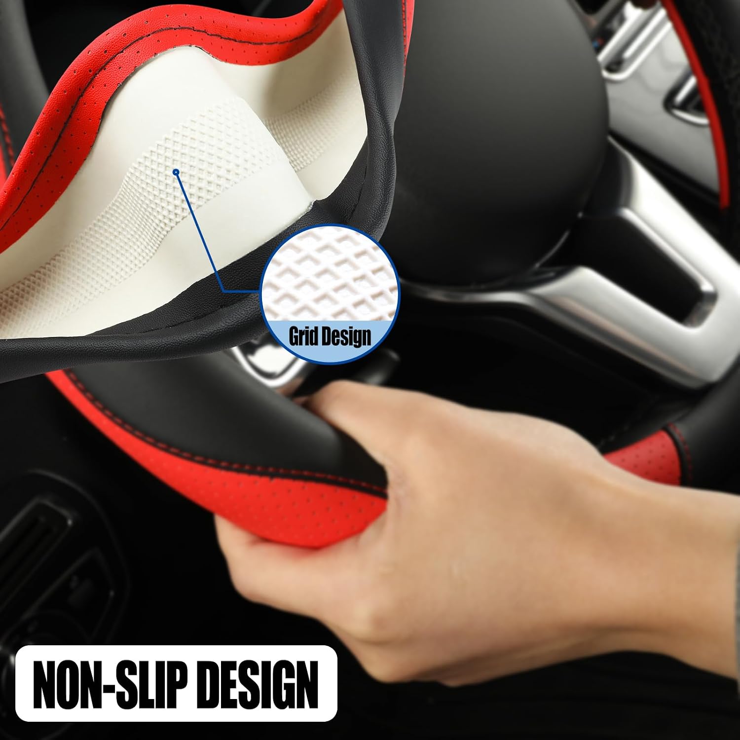 Microfiber Leather Steering Wheel Cover, Breathable, Anti Slip, 13.5 inch to 14 inch, Black with Red