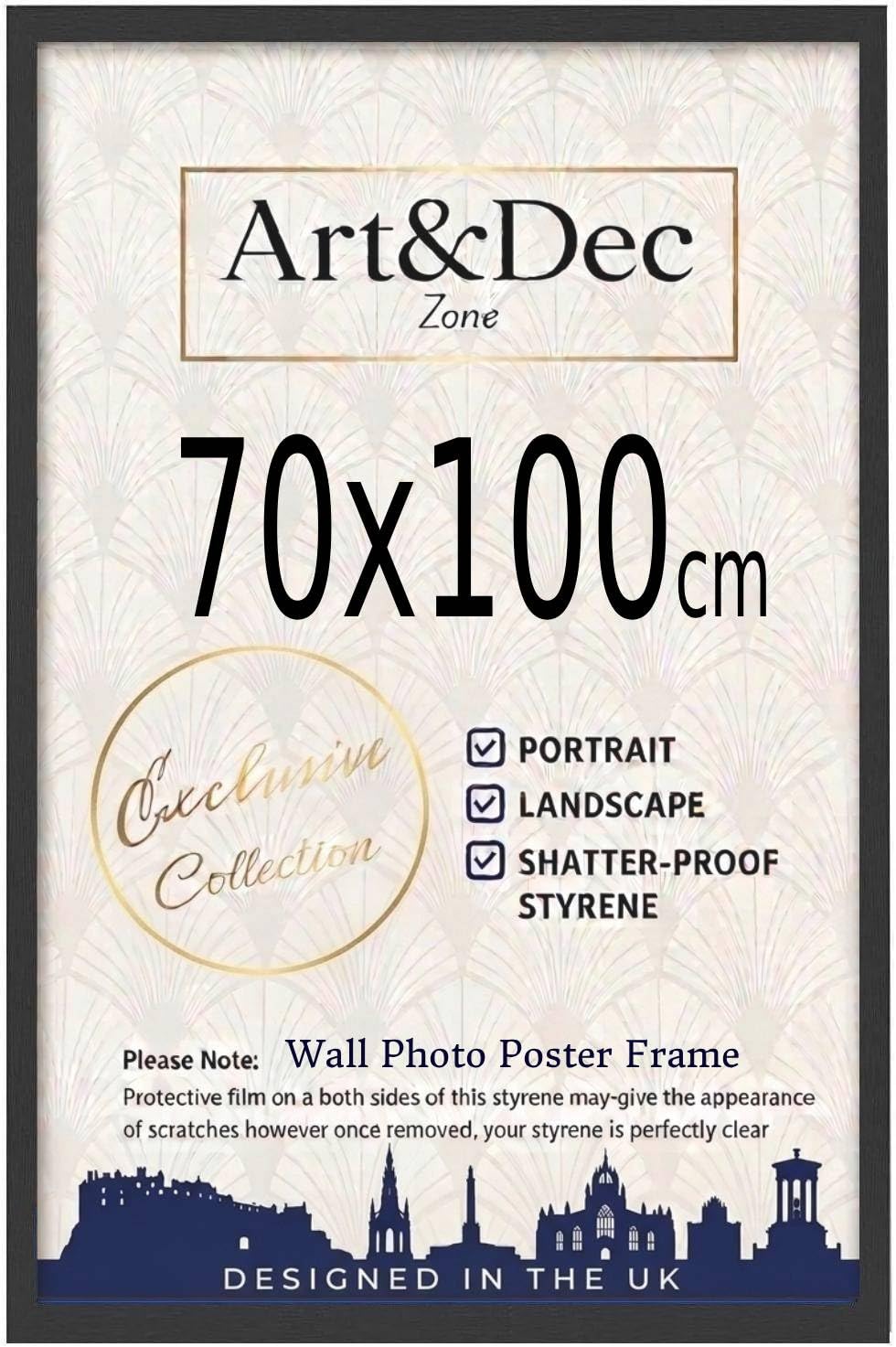 Art & Dec Zone® Sleek Black MDF Picture Frame 70x100 cm XL Durable MDF Poster Frame with Clear Acrylic Protection – Wall Display for Photos, Artwork & Prints
