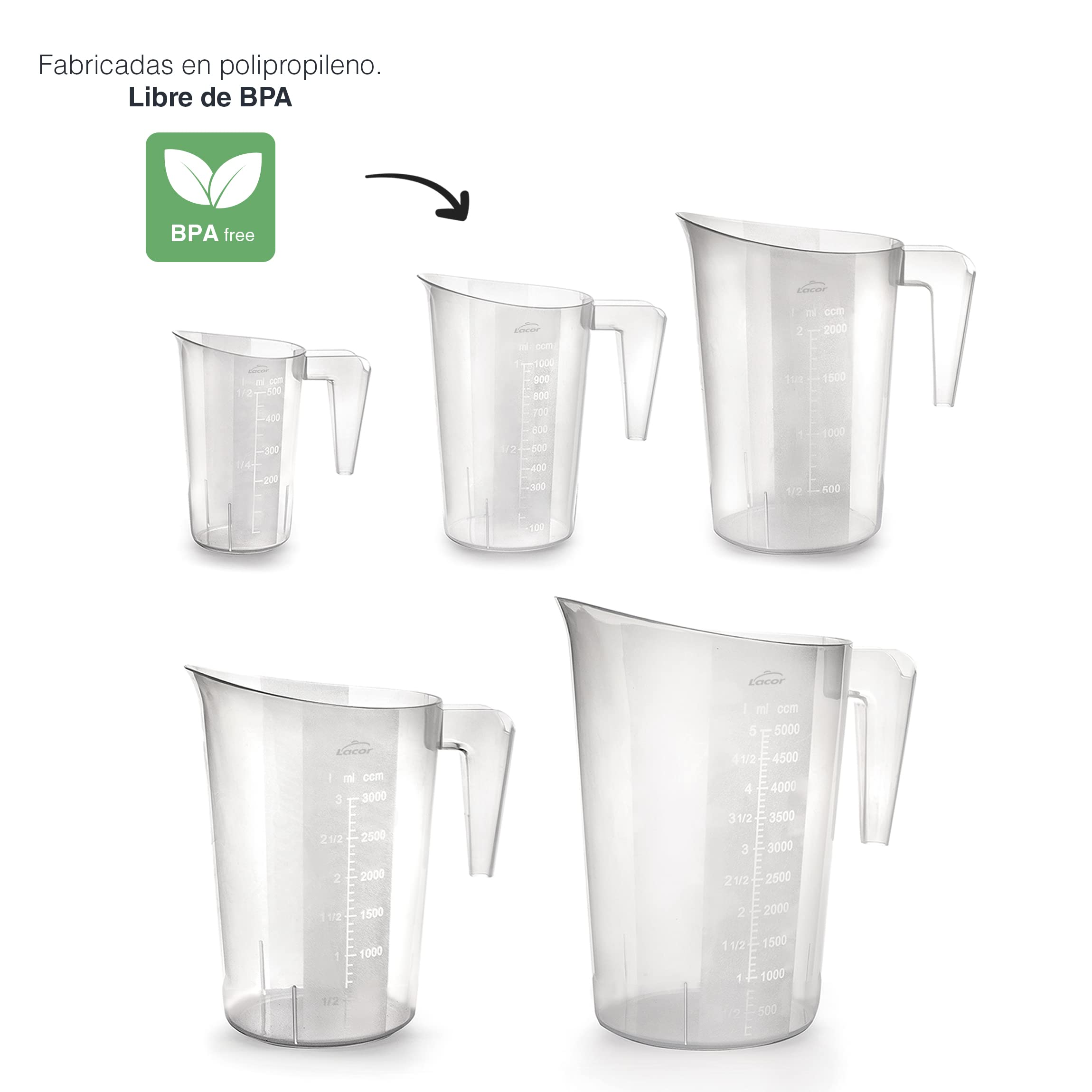 Lacor 67215 - Set di 5 brocche per misurare, tazze misure | Utensile professionale duraturo; progettato per prestazioni ottimali e una pulizia rapida in lavastoviglie
