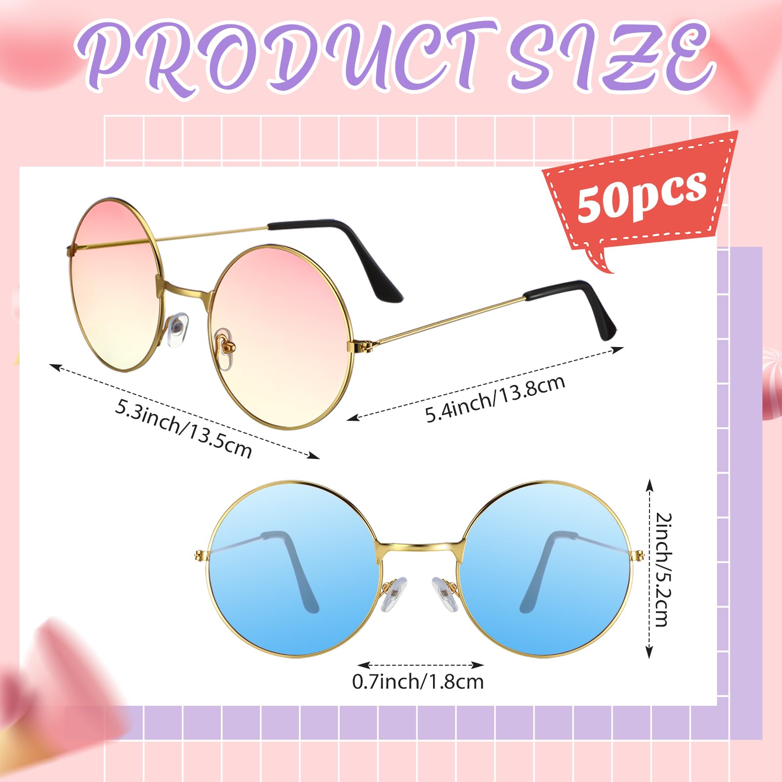 Kanayu Paquete de 50 pares de lentes de sol redondos hippie, lentes de colores circulares, estilo retro de los años 60 y 70, para mujeres y hombres