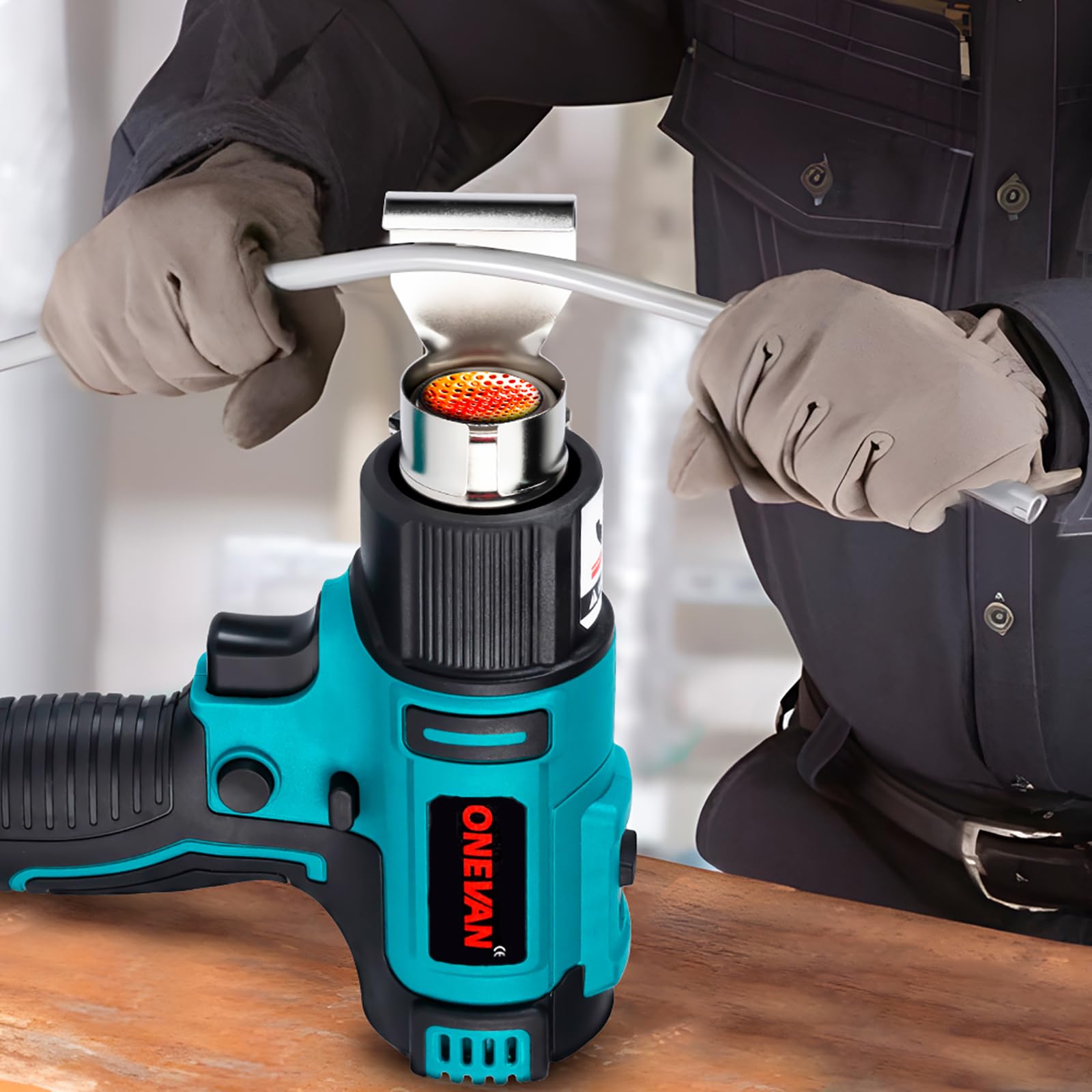 ONEVAN pistola de calor inalambrica, 50-550 ℃ pistola aire caliente para Makita 18V, pantalla LCD digital, decapador aire caliente a bateria incluye 5 boquillas y 2 raspadores (sin batería)
