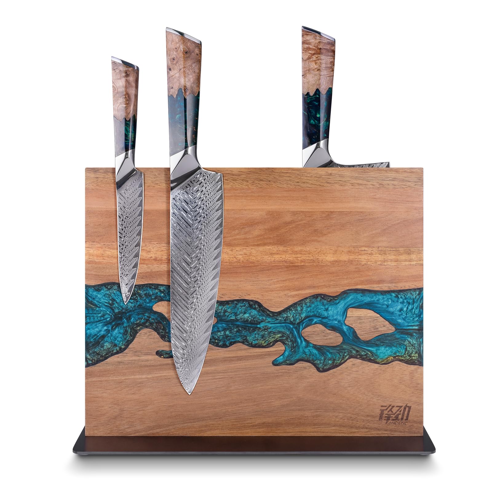 FINDKING Magnetic Knife Block, Double Sided Holder, Powerful Magnet Kitchen Storage, Acacia Wood and Blue Resin (12 x 10 Inches, Without Knives)