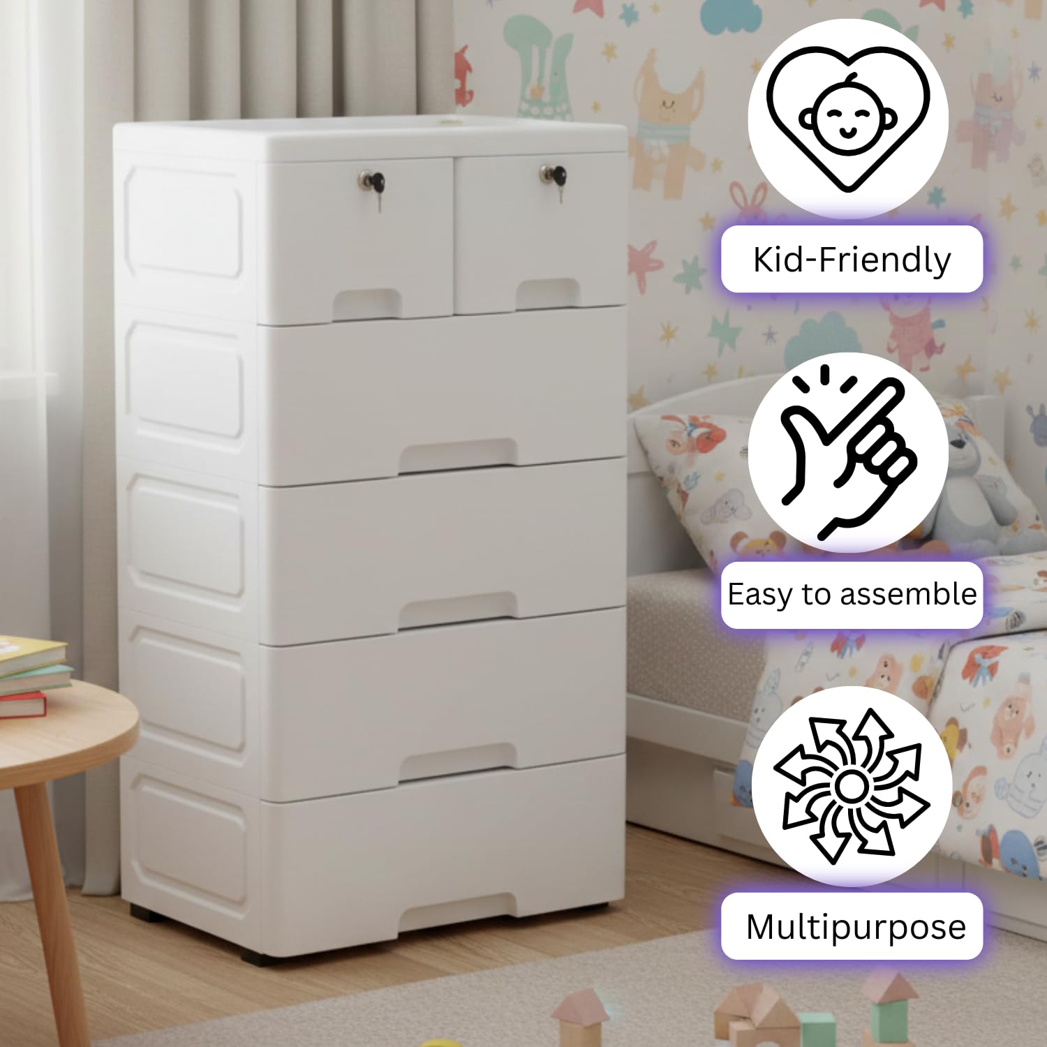 The Tickle Toe 6-Drawer Glossy Plastic Chest for Kids | White Storage Organizer with Locks | Portable Child-Safe Cabinet for Clothes & Toys | 44L x 28.5W x 82H cm | Made in India 3