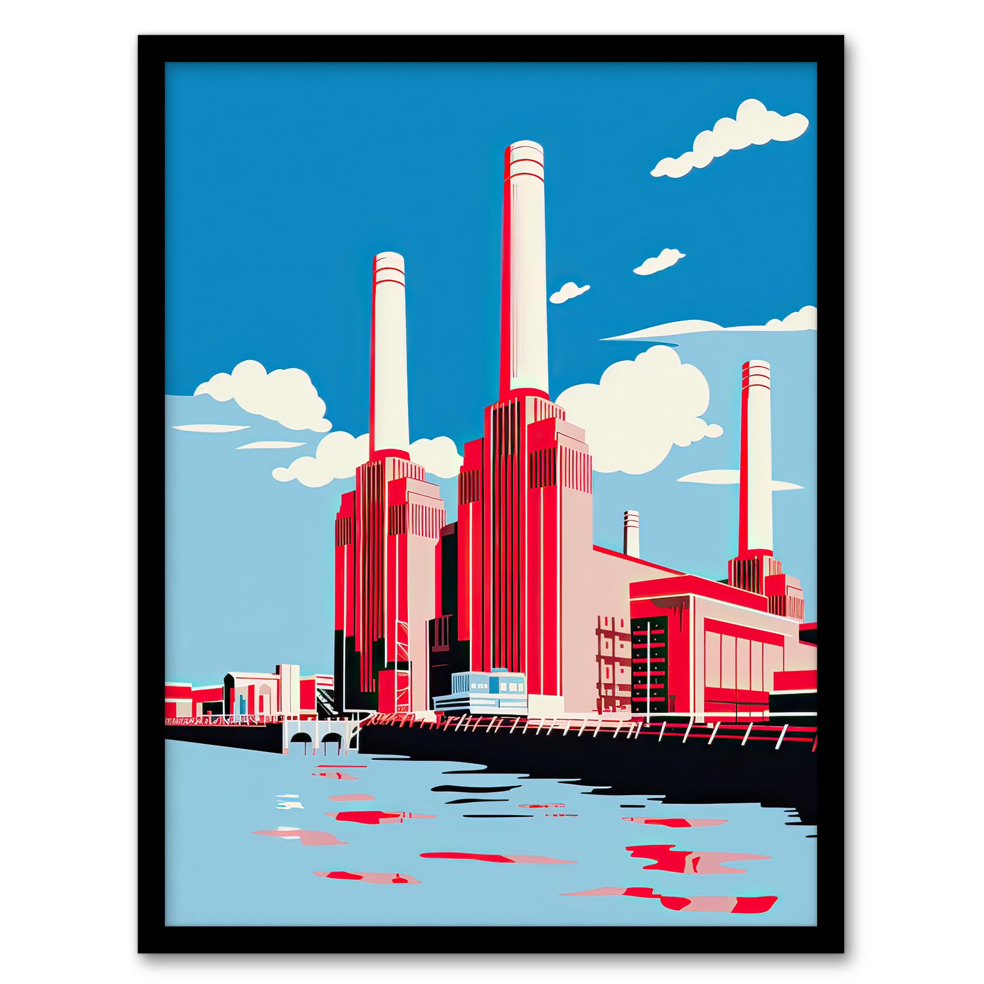 Artery8 Battersea Power Station Graphic Pink and Blue Art Print Framed Poster Wall Decor 12x16 inch