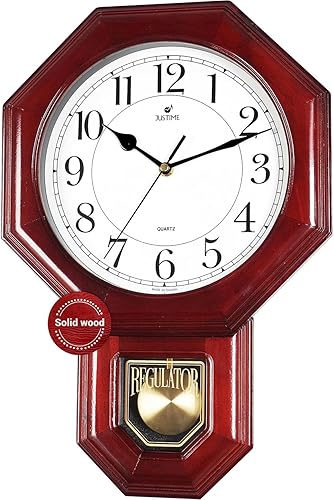 Miniatura 14 de JUSTIME Traditional Schoolhouse - Reloj de pared de péndulo de madera maciza con campanillas cada hora con melodía Westminster (madera natural con