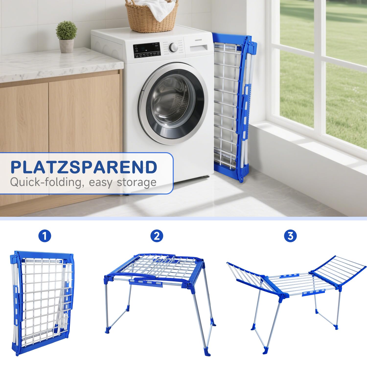Hazeatte Wäscheständer Blau mit stabilem Stand, standtrockner,Wäscheständer für Lange Wäsche, Flügelwäschetrockner für platzsparende Aufbewahrung,Eco-Verpackung - Image 2